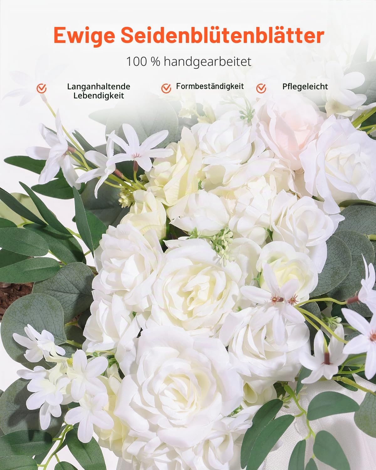 VEVOR Blumenset für Hochzeit Bogen, weiße Blumen für Traubogen mit Vorhängen (3er-Set) – 2 Blumenarrangements, 1 transparente Vorhänge, für Zeremoniensträuße, Empfangshintergrunddekoration