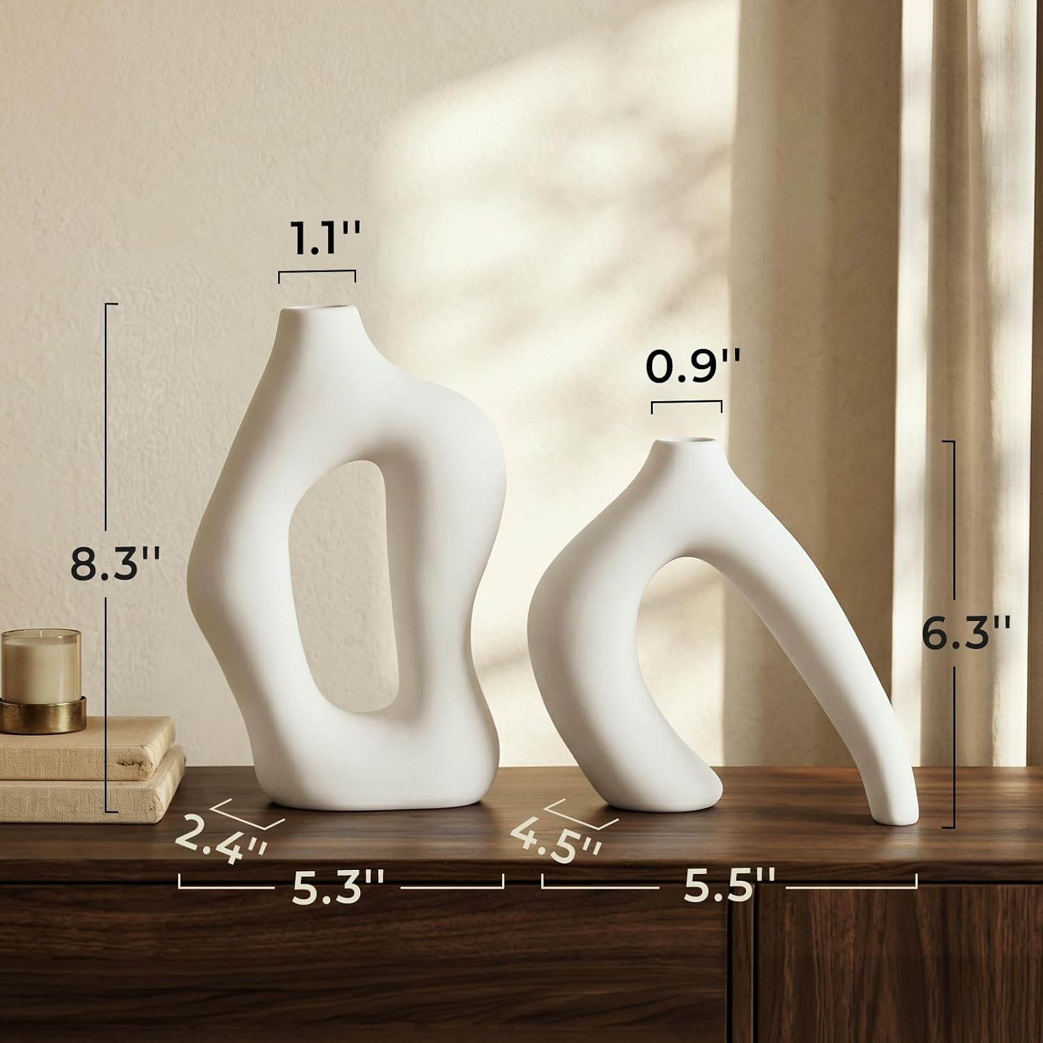Dowan White Vases for Decor,Hollow Ceramic Vase Set of 2,8.3" Nordic Modern Boho ins Style Decorative Ceramic Aesthetic Flower Vase for Home Decor Modern Minimalist Table, Entryway Centerpieces