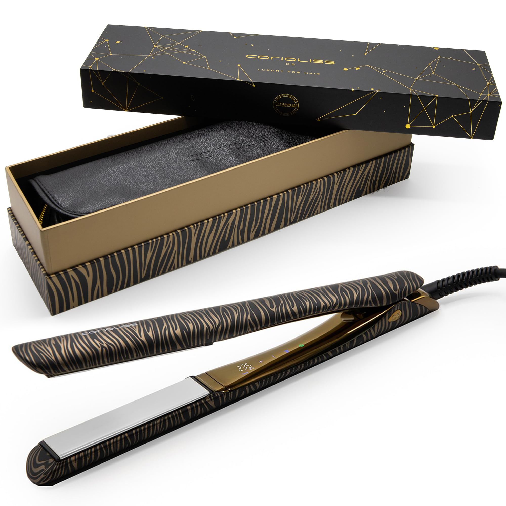 Corioliss C5 | Plancha del pelo Profesional | Placas de titanio | Perfecta para Alisar y Hacer Ondas | Hasta 235º | Ionica| Gold Zebra