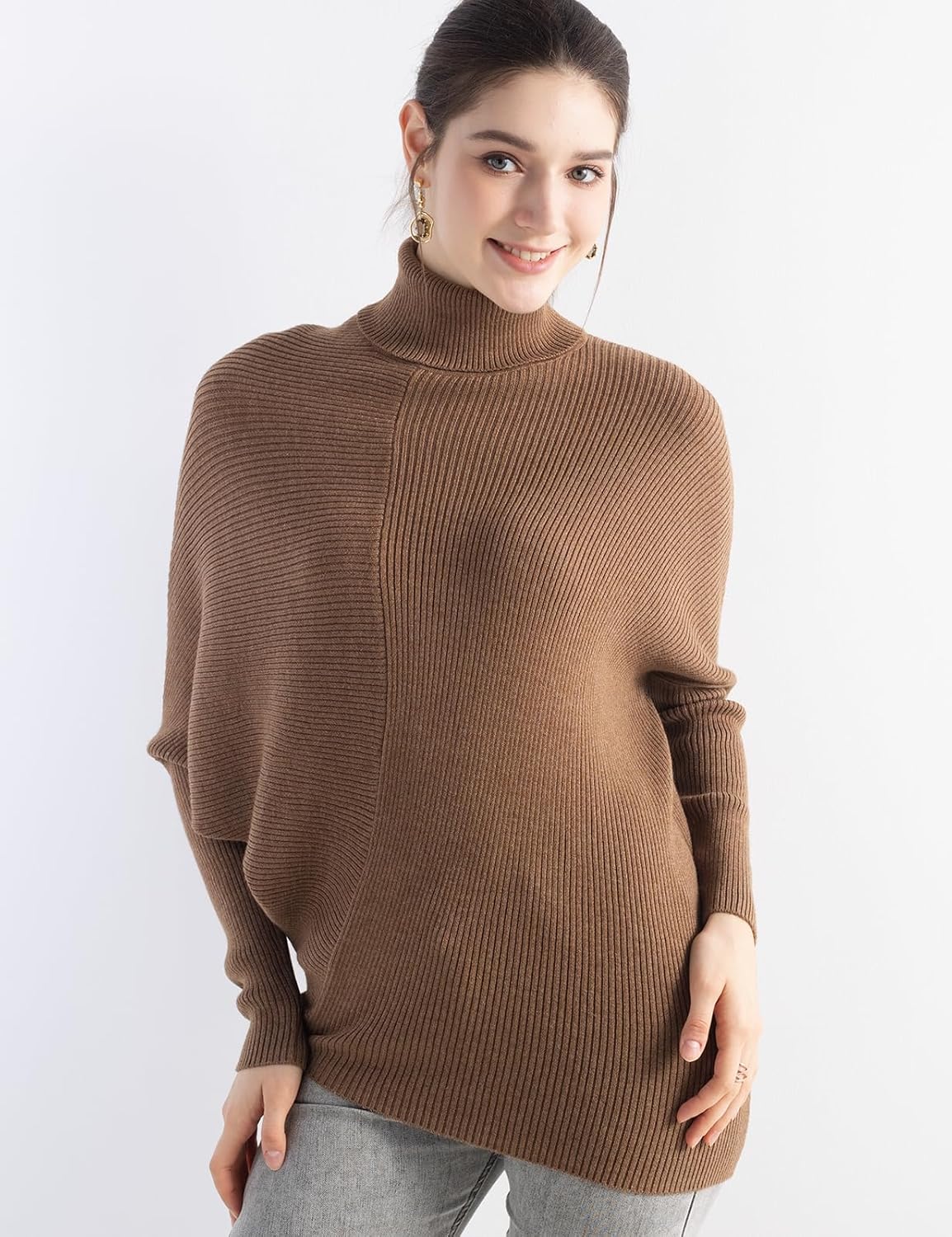 Women's Merino Wool Blend Oversized Sweater 2025 Fall Winter Turtleneck Batwing Sleeve Loose Fit Pullover Sweater - Image 4
