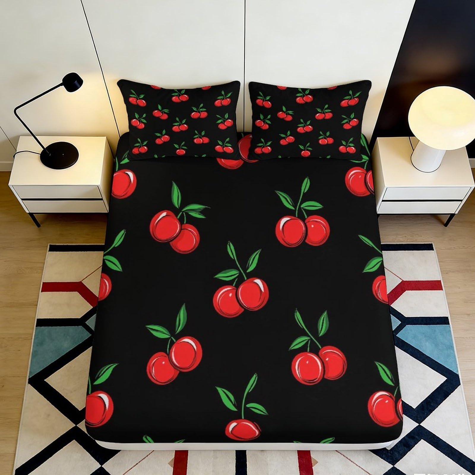 3D Printed Cherry Pattern Fitted Sheet Microfiber Soft Black Fruit Bed Cover for Bedroom Guest Room Decor 90x200x25cm