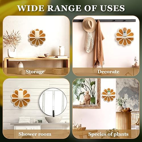 Miniatura 6 de Tatuo 2 estantes de pared de madera bohemios con diseño de flores, estantes colgantes para sala de estar, baño, dormitorio, oficina, guardería,