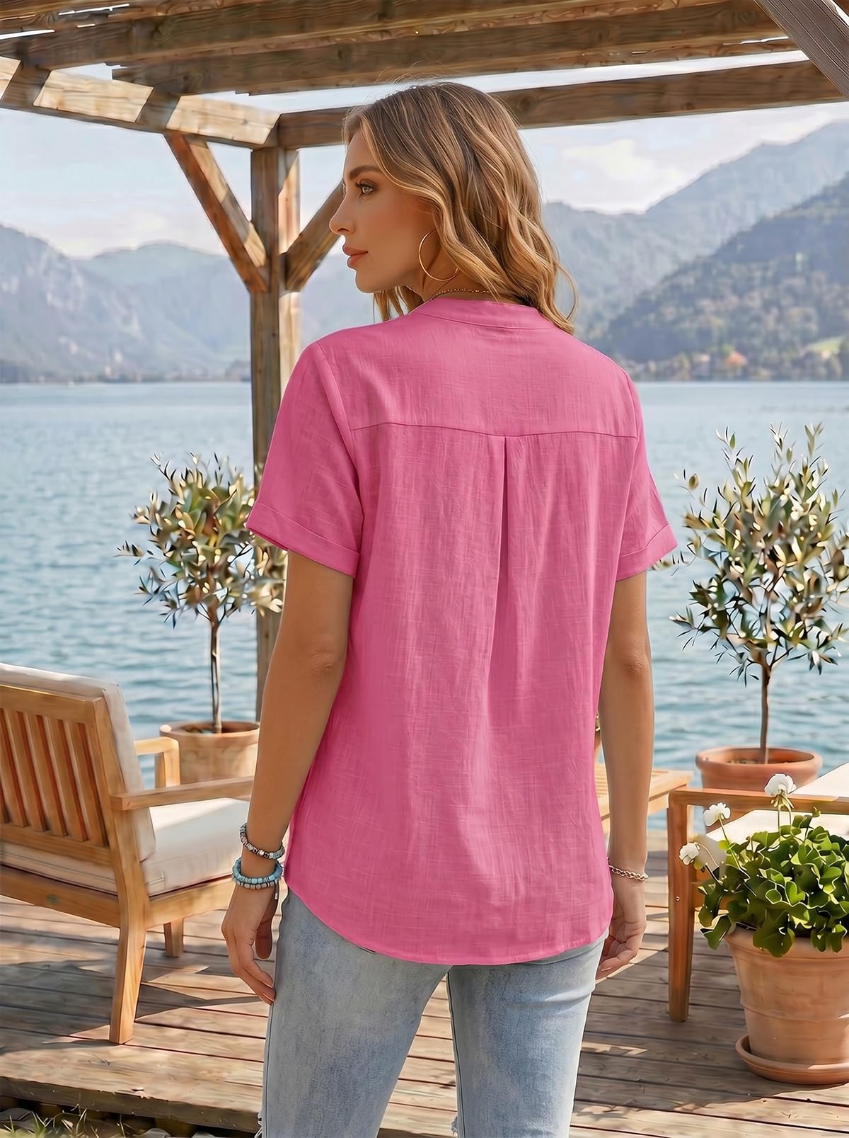 YUTILA Camicia da donna a maniche corte in lino Henley Estate con tasche sul petto