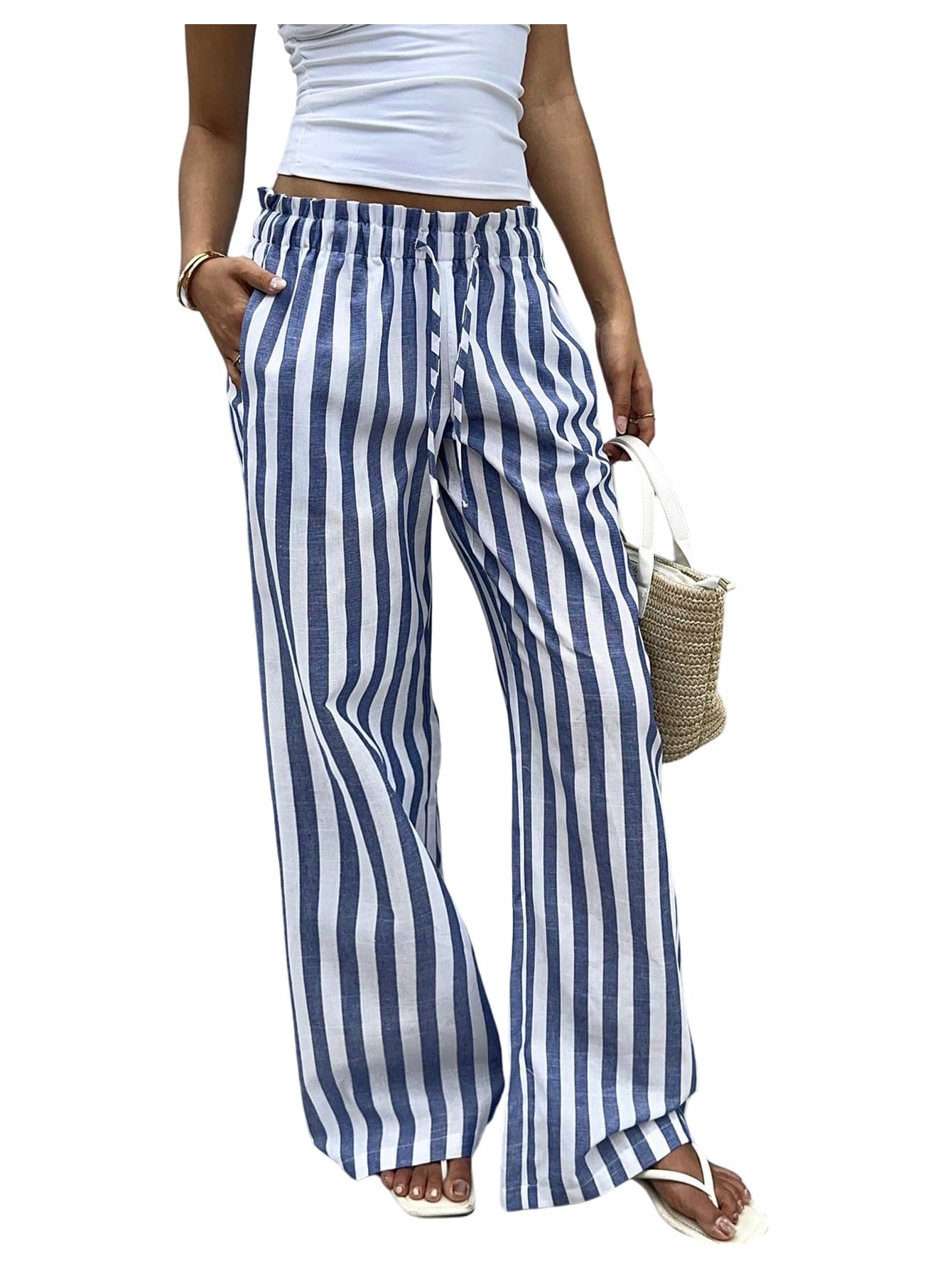 GORGLITTER Womens Striped Wide Leg Pants High Waisted Fall Dressy Casual Palazzo Pants Trousers