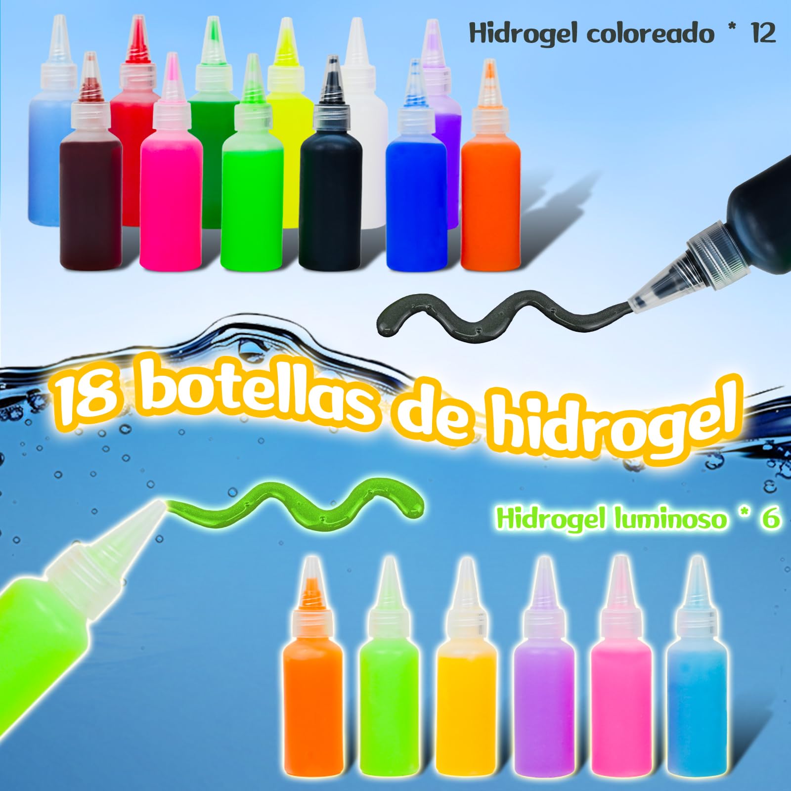 Joellfuner Aqua Gelz Set, 3D Magic Water Elf, DIY Creativos Geles Mágicos, Kit de Juguete de Elfo de Agua con 18 Colores y 16 Moldes, Brilla en la Oscuridad Elfo Juguetes Regalos para 3+ Niñas Niños