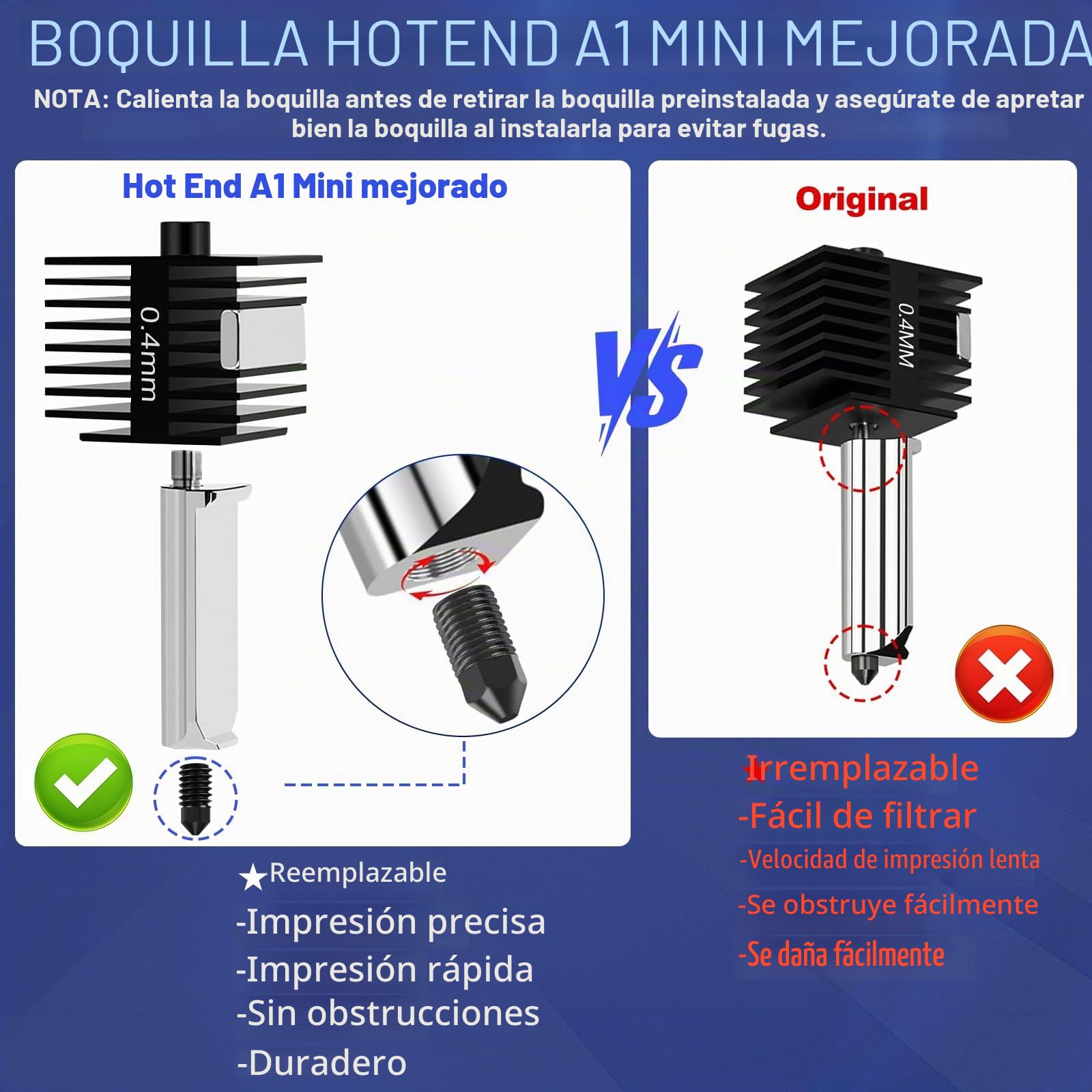 2 Piezas Kit Hotend Actualización A1 Mini, Cabezal Impresión Impresora 3D, Kit Bloque Calefactor Extremo Caliente con Boquilla Acero Endurecido 0,4 mm y Calcetines Silicona para Bambu Lab A1/A1 Mini