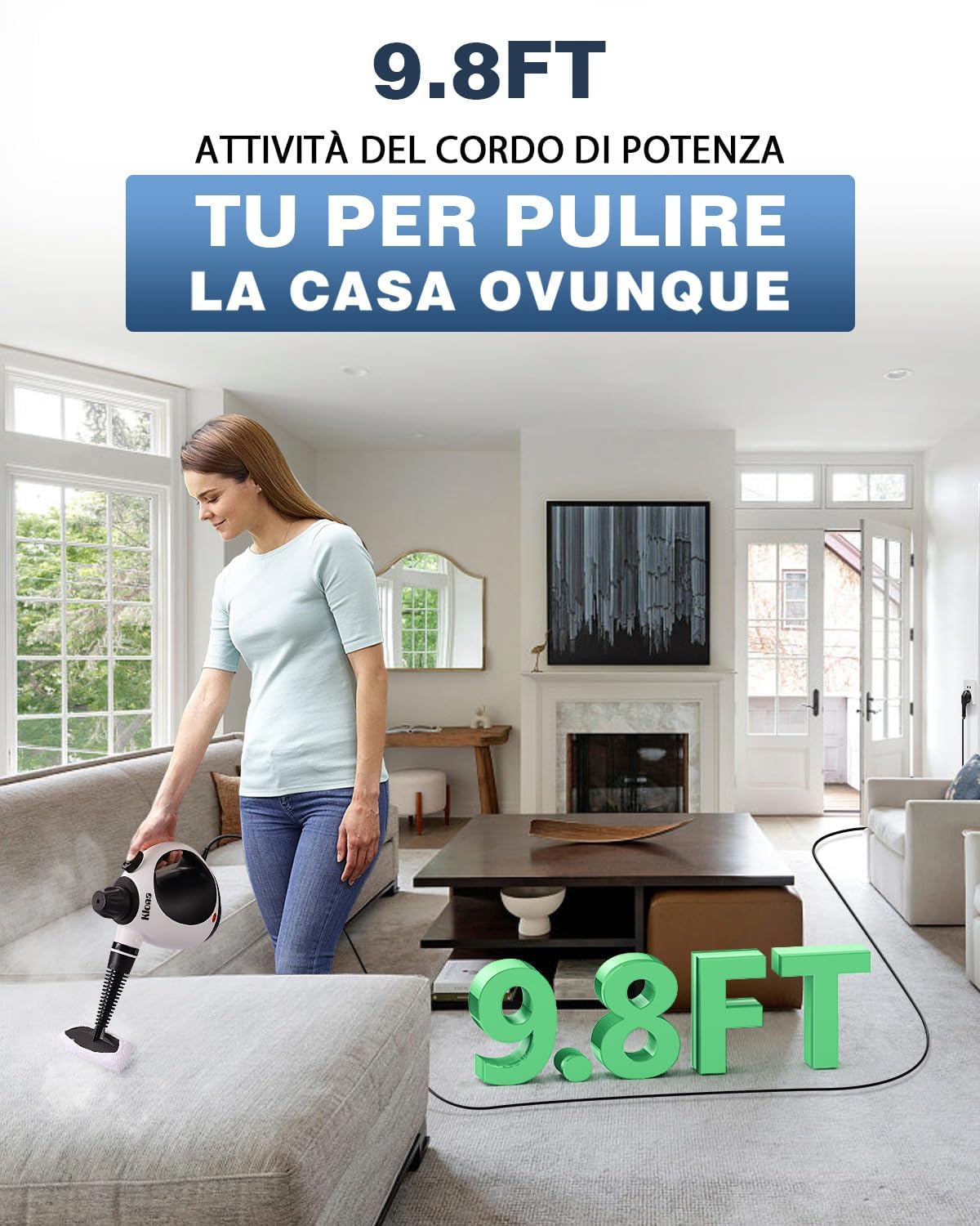 KLONA Pulitore a vapore manuale, pulitore a vapore per la casa, multiuso, con 10 accessori e serratura di sicurezza per tappeti, tende, divani, cucina