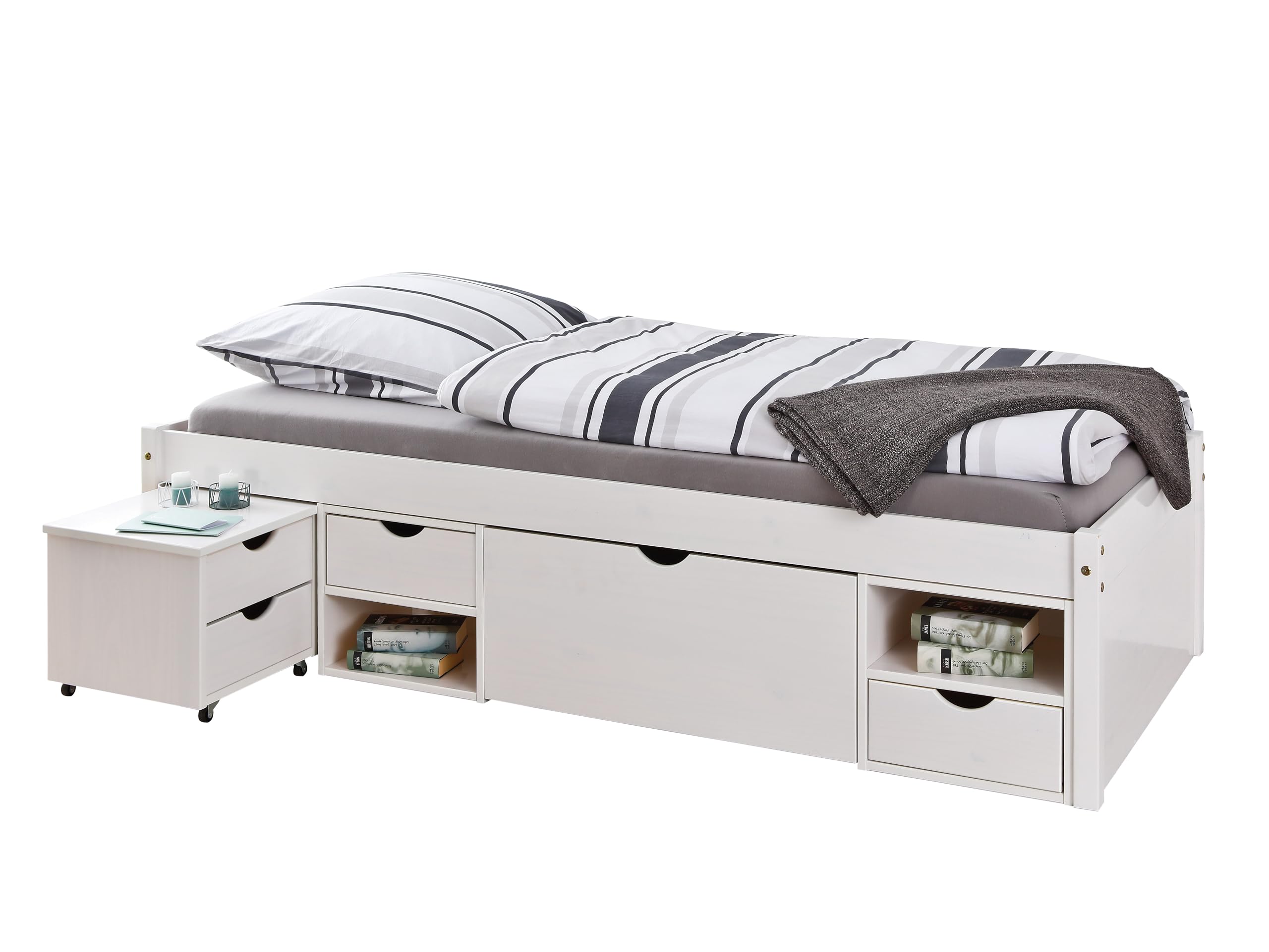 Inter Link: Einzelbett mit Stauraum 90 x 200 cm aus massiver Kiefer, weiß lackiert