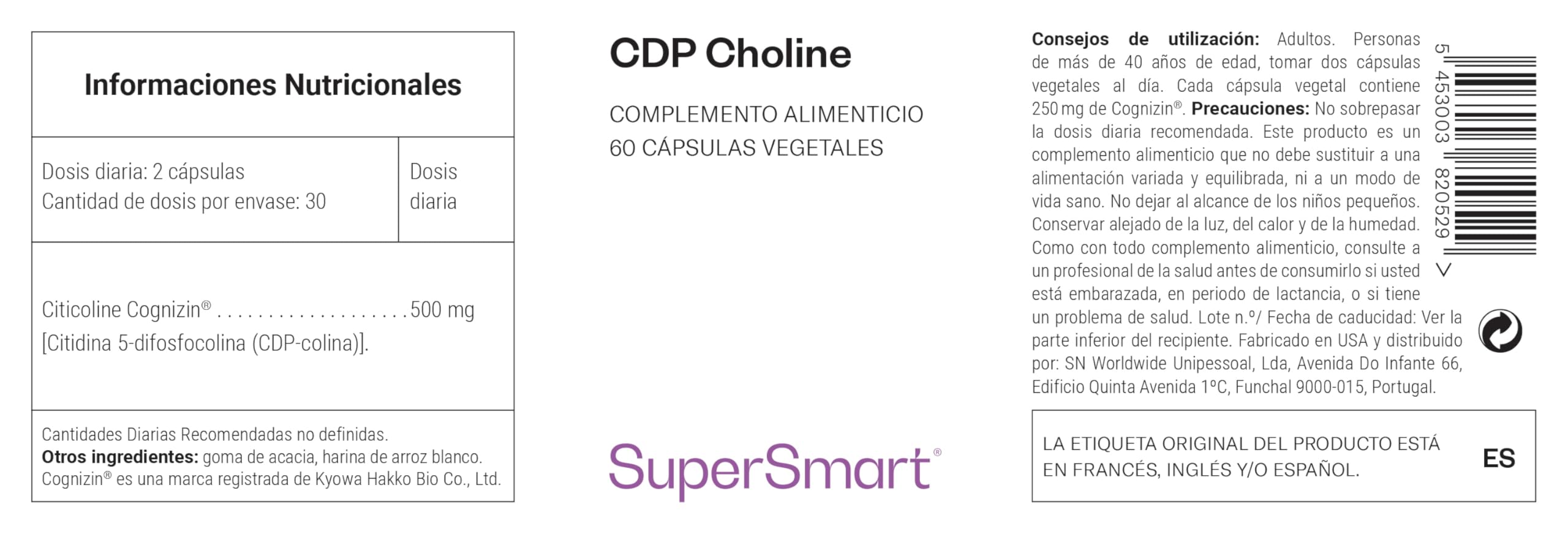 CDP Colina - Ayuda al Funcionamiento Normal del Sistema Nervioso - Colina Patentada - Fórmula de Biodisponibilidad Óptima - Dosis Potente - Vegano - SuperSmart