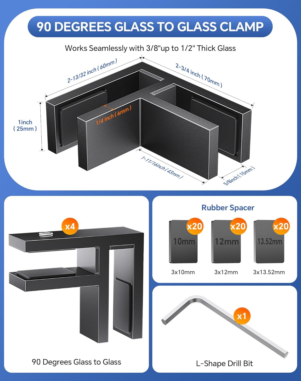 4 Pack Glass Clamp, 90 Degree Railing Clamp, 304 Stainless Steel Railing Clip for 3/8"-1/2" Thickness Glass, Double Sided Balustrade Bracket Holder for Fence, Deck