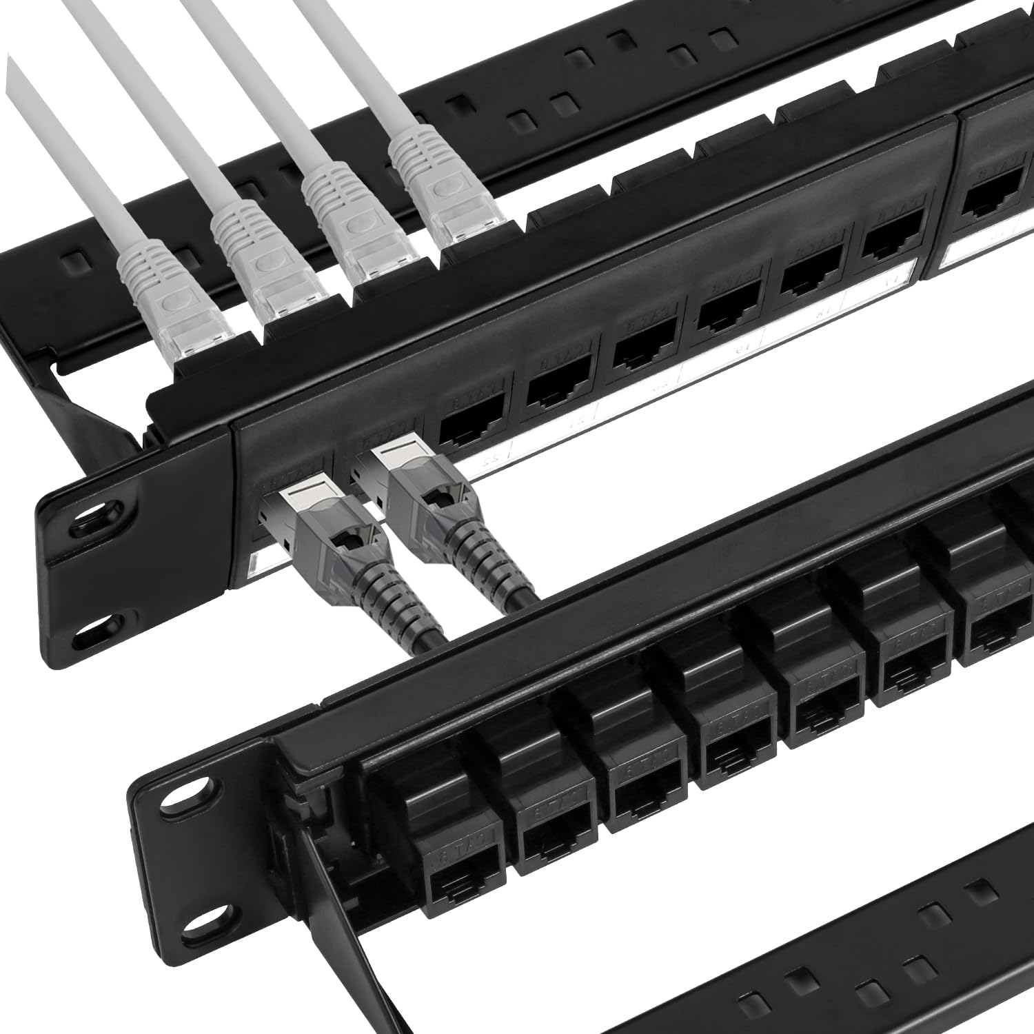 Panneau de brassage Keystone 24 ports, panneau de brassage réseau RJ45 1U 48,3 cm avec barre arrière, chargé avec 24 coupleurs Cat6 (noir)