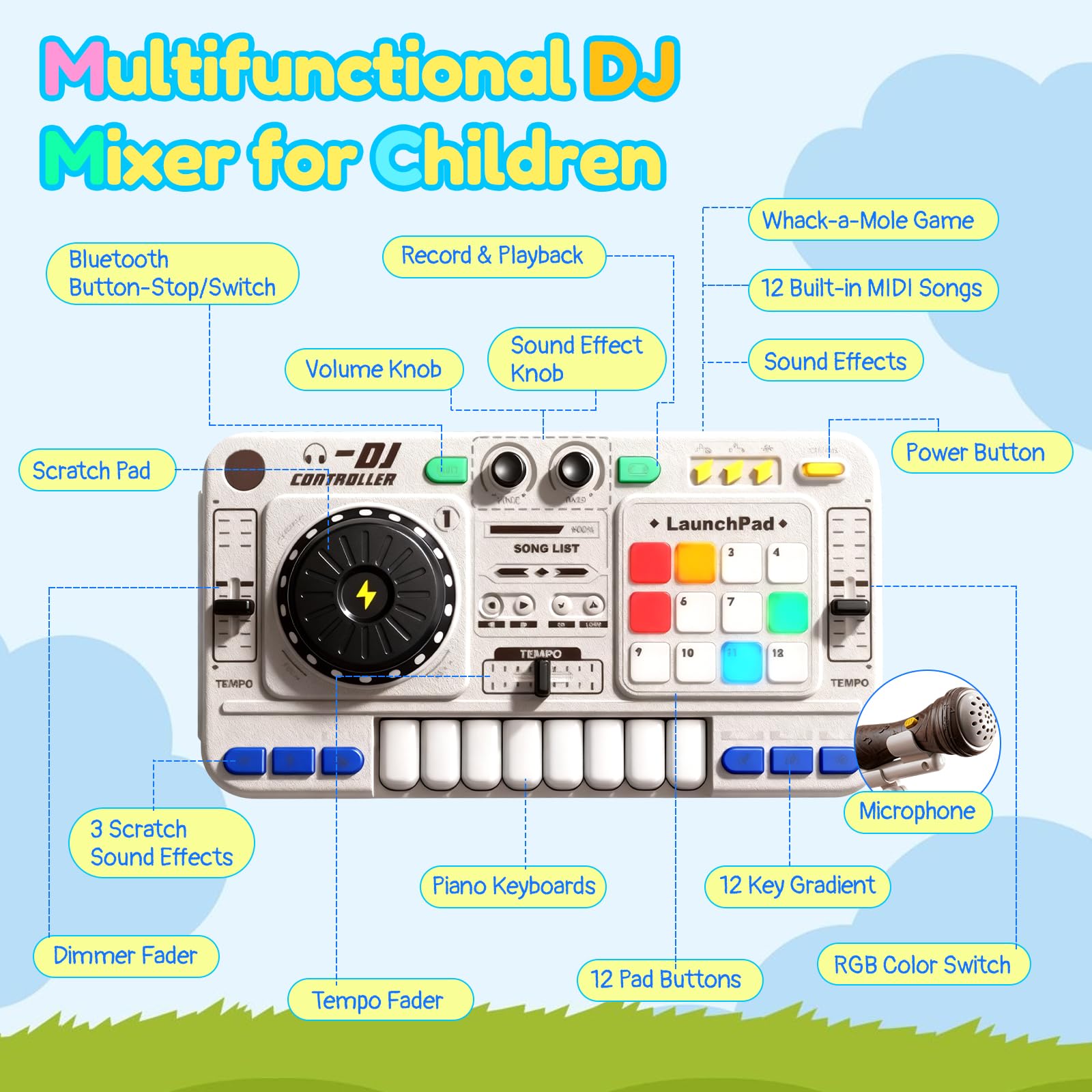 Mesa de mezclas DJ para niños de 3 a 12 años, Mezclador DJ para niños con micrófono, Luces, 100+ Sonidos DJ Mixer controlador Regalo Educativo para Niñas Recargable USB, Bluetooth