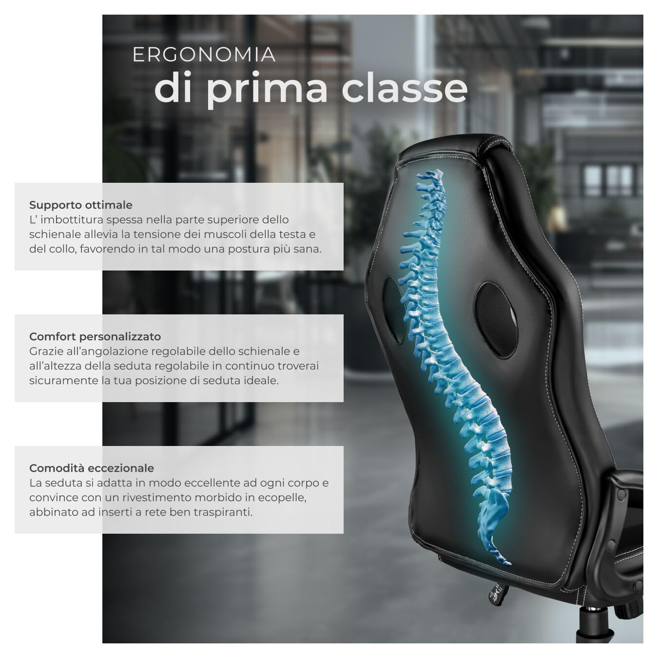 tectake® Sedia Ergonomica da Ufficio, Sedia Gaming con Ruote per Scrivania con Base Robusta e con Imbottitura Spessa, Poltrona Gaming, Adattamento Ottimale - Nero