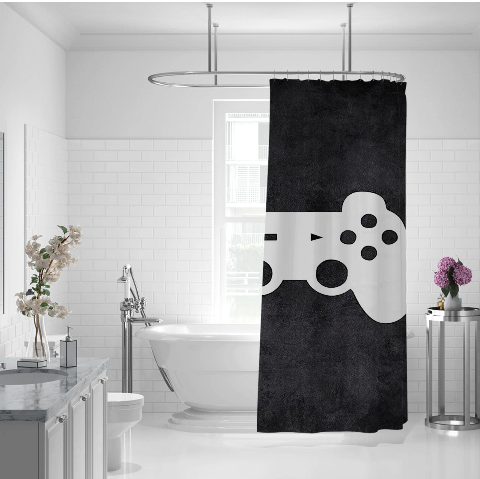 Zasłona prysznicowa dla chłopców dla graczy, gier, czarna dekoracja łazienki, dzieci, nastolatki, gra wideo, gamepad, wodoodporna tkanina, akcesoria łazienkowe z 12 haczykami, 180 x 220 cm