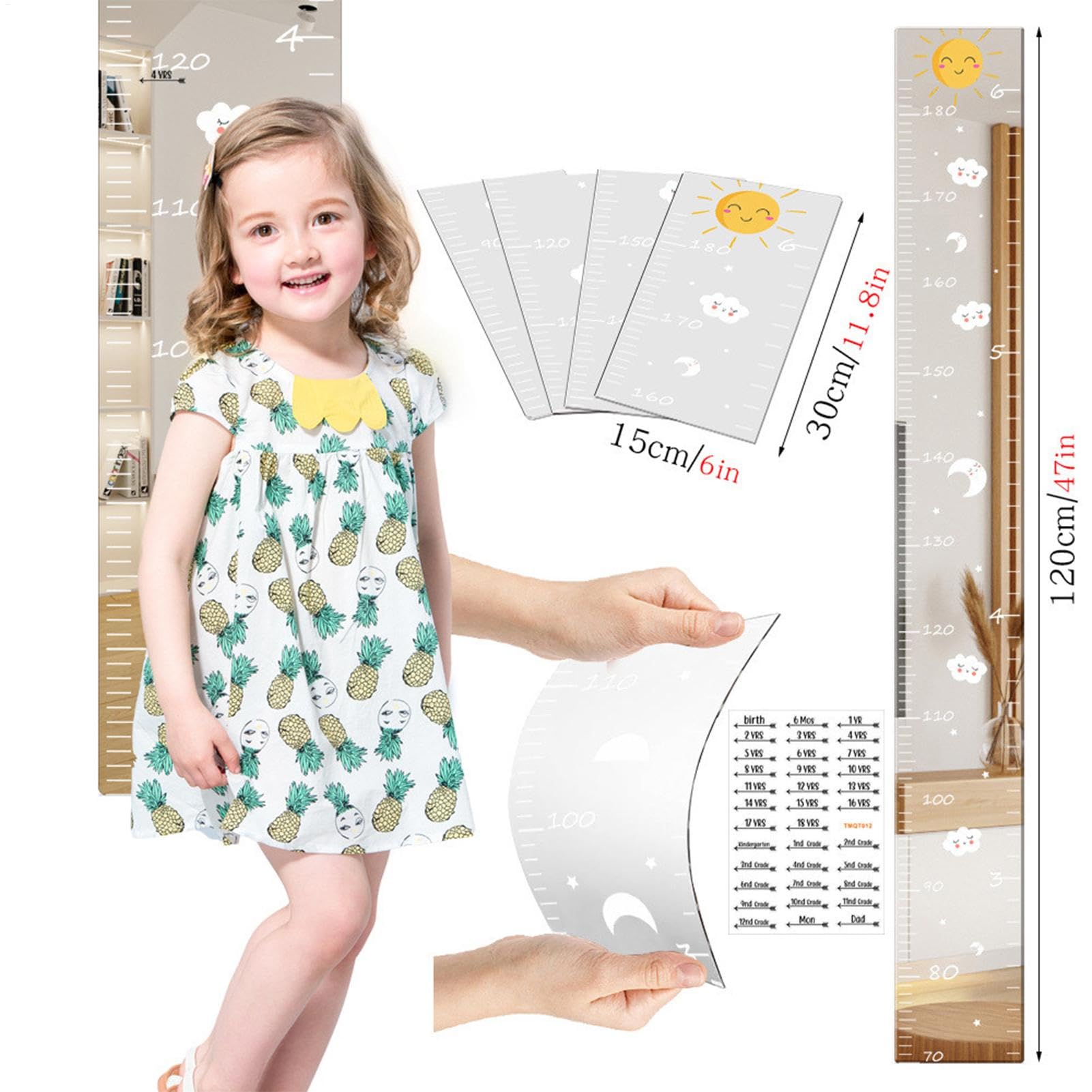 Grafico di crescita con specchio per bambini - Misuratore di altezza da parete decorativo con adesivi