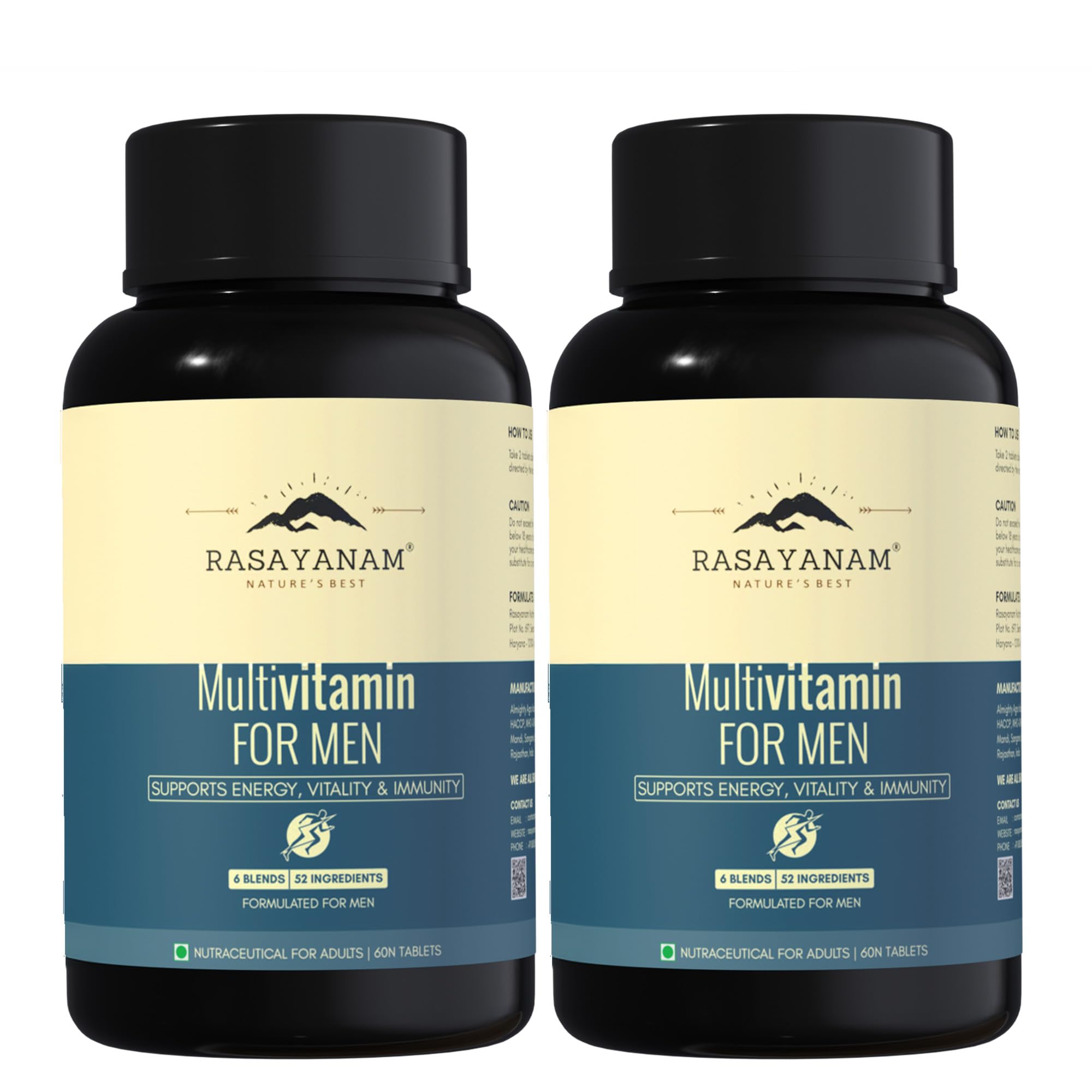 Rasayanam Multivitamin for Men | 52 Ingredients with 100% RDA of Vitamins & Minerals | Energy, Immunity, Performance, Bone, Joint & Heart Health | Daily Multivitamin Tablet for Men - 120 Tablets (Pack of 2)
