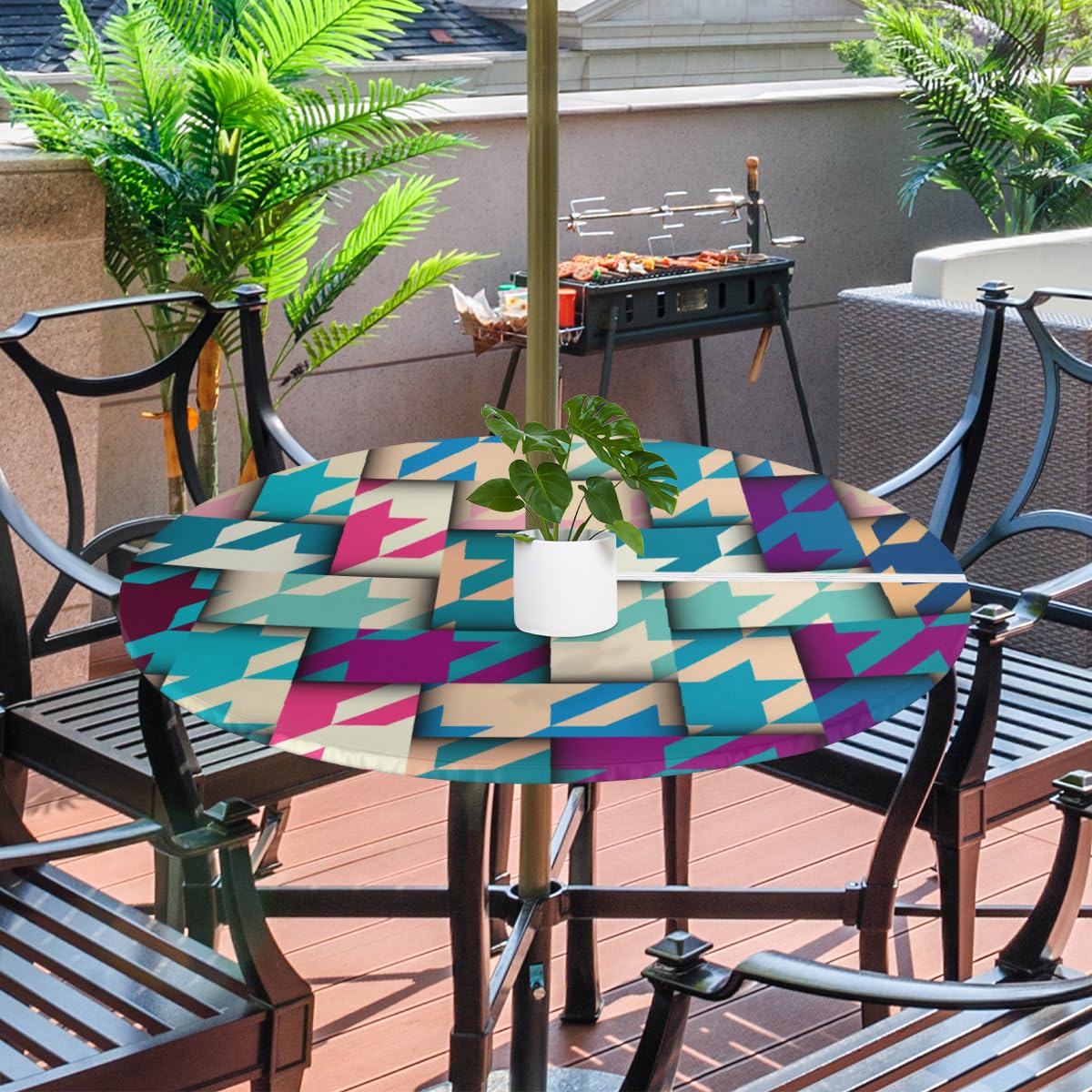 XMNYGJ Classic Hounds-Tooth Pattern Geometric Collage Round Fitted Tablecloth with Umbrella Hole Zipper for Patio Picnic Tables Elastic Outdoor Table Cover Waterproof and Stain Resistant 45-56 Inch