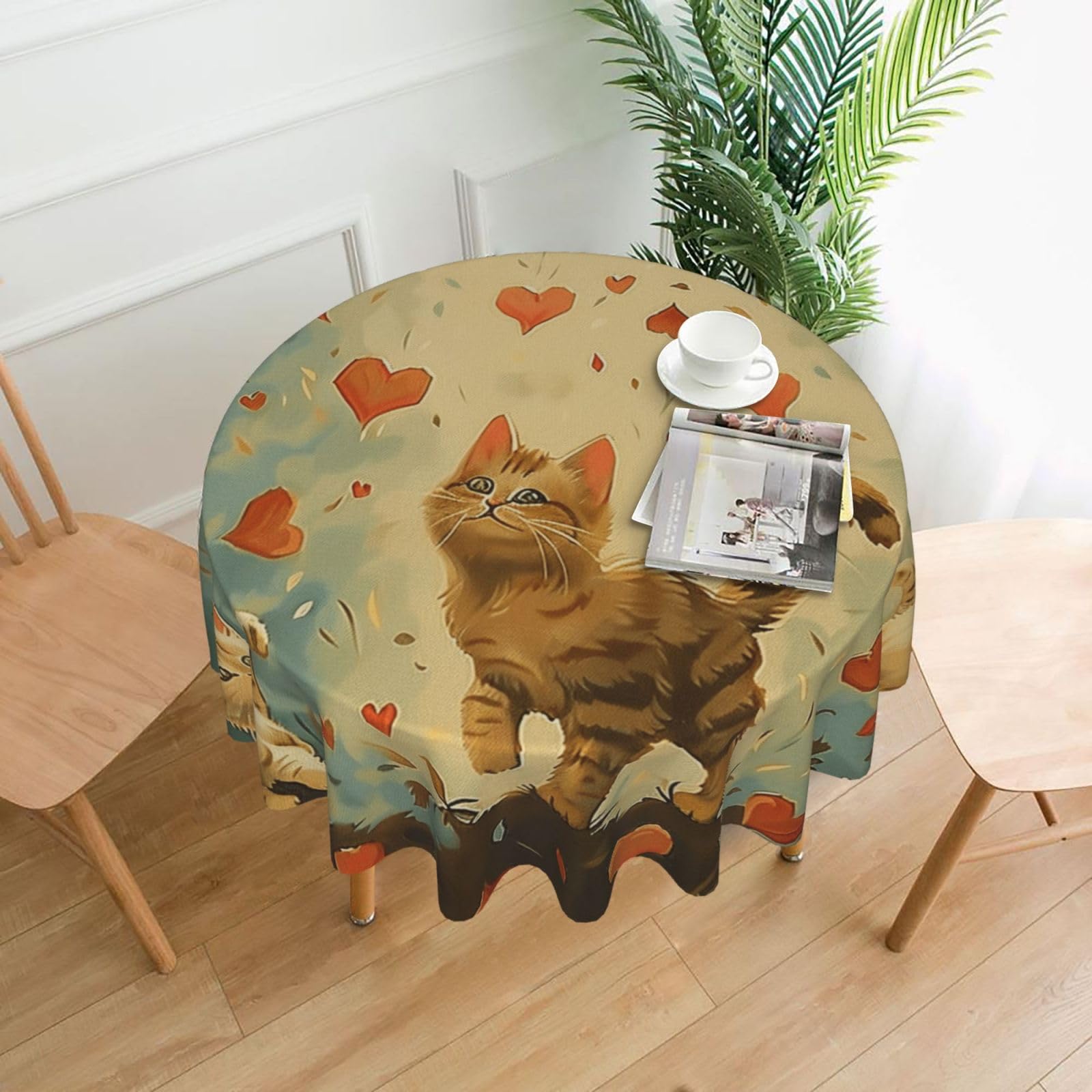 WPKJU Happy Walking Kitty Printed Round Tablecloth 60 in Water Resistant Table Cover Washable Table Cloth for Dining Tables