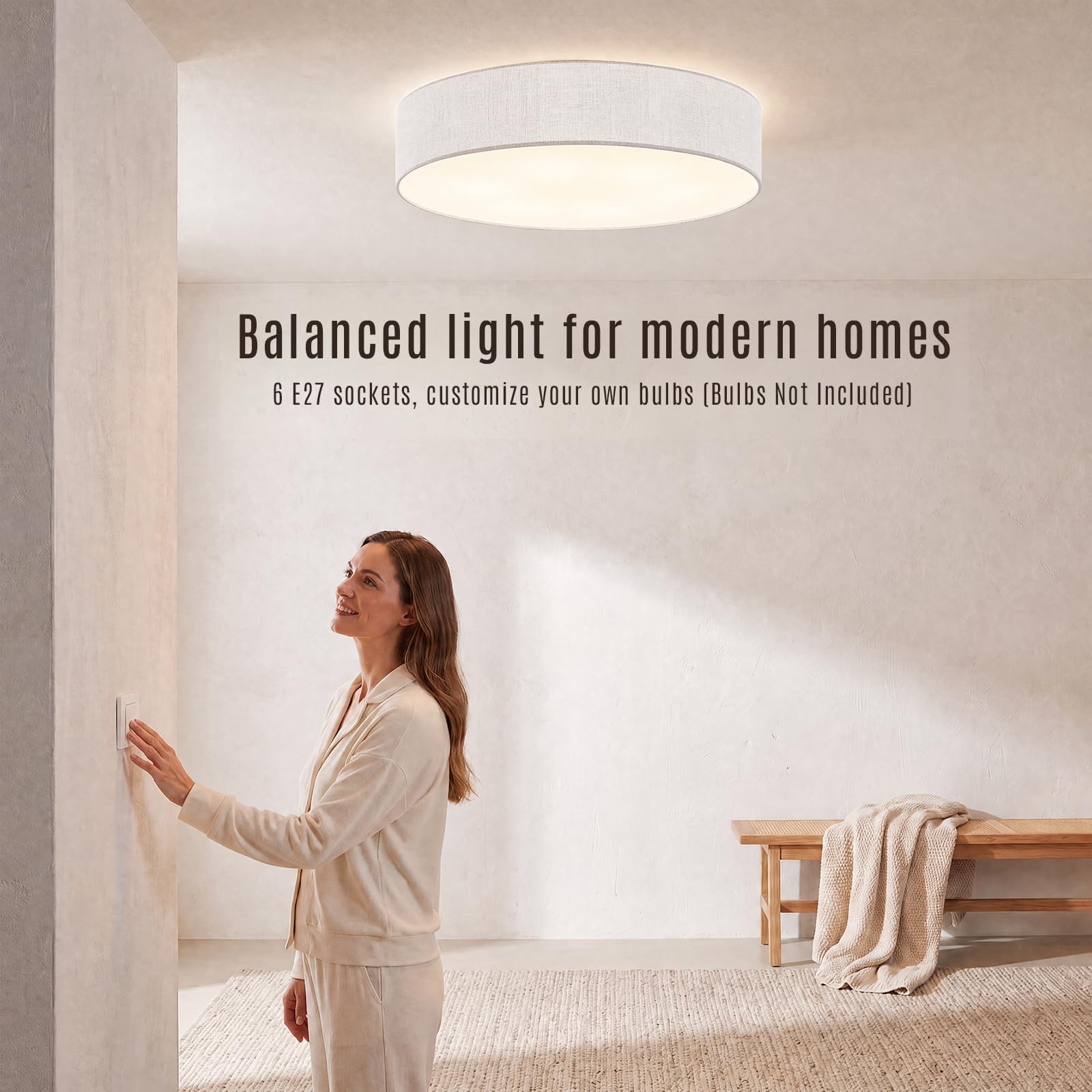 LQWELL Deckenlampe Stoff, Deckenleuchte Rund mit Leinen Lampenschirm, E27 Fassung x 6, max.40W, Ø60cm x H10cm, Grau, für Wohnzimmerlampe Schlafzimmerlampe Deckenbeleuchtung
