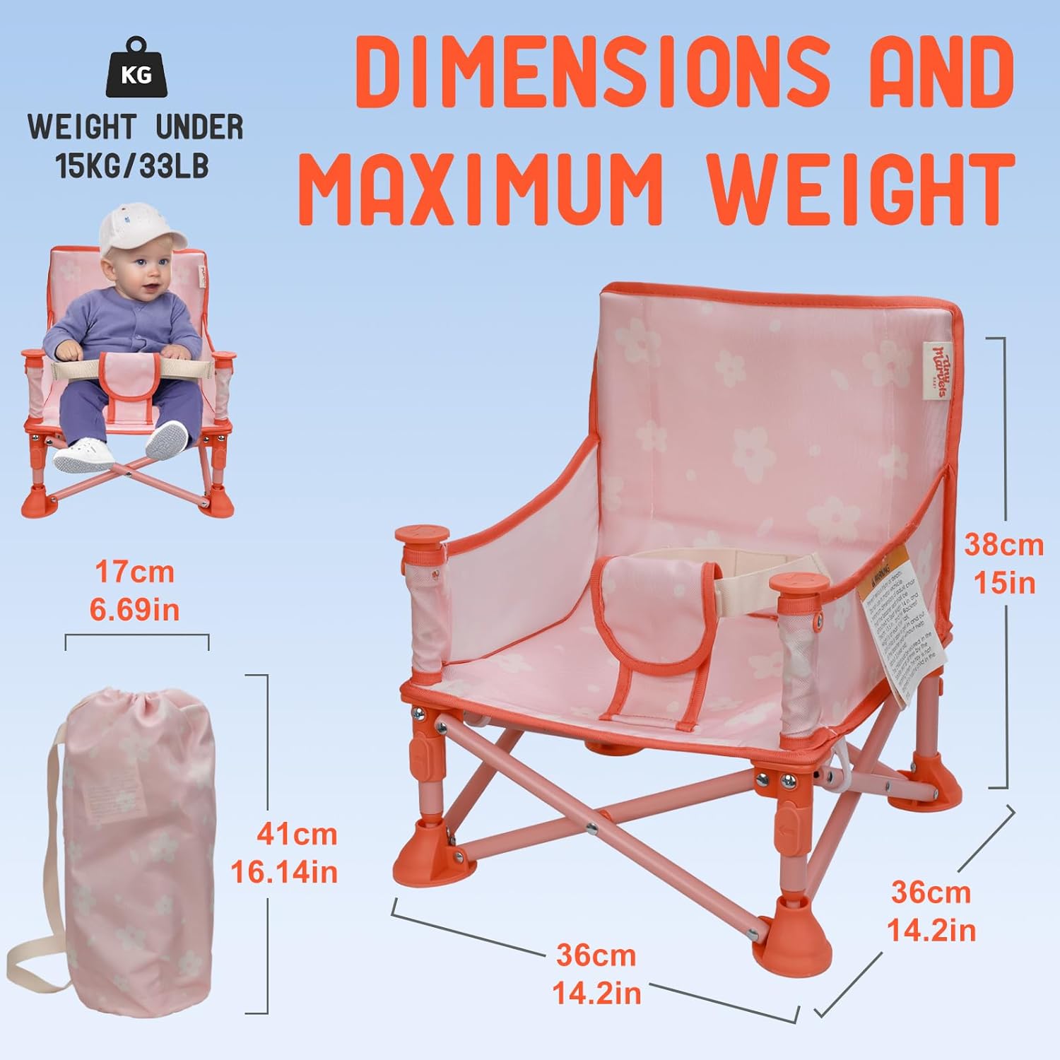 Tiny Marvels Portable 3-in-1 Baby Chair, Cozy Booster Seat, Baby Seat with Tray, Compact Foldable, Toddler Chair with Child Safety Belt Carry Bag, Perfect for Travel (Blush Petals)