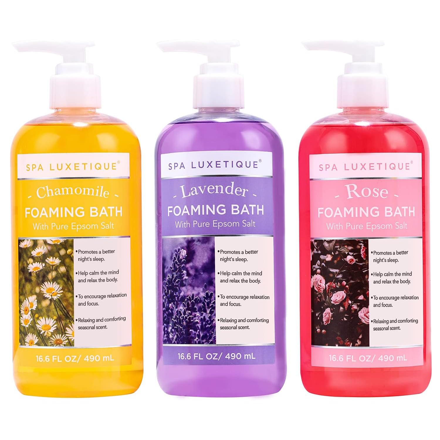 Spa Luxetique Bain Moussant avec Sel d'Epsom pur, Coffret de Bain parfum Camomille Rose et Lavande, Cadeau Fête des Meres, Cadeaux pour Femmes Hommes 3 Pack 49,8 fl oz