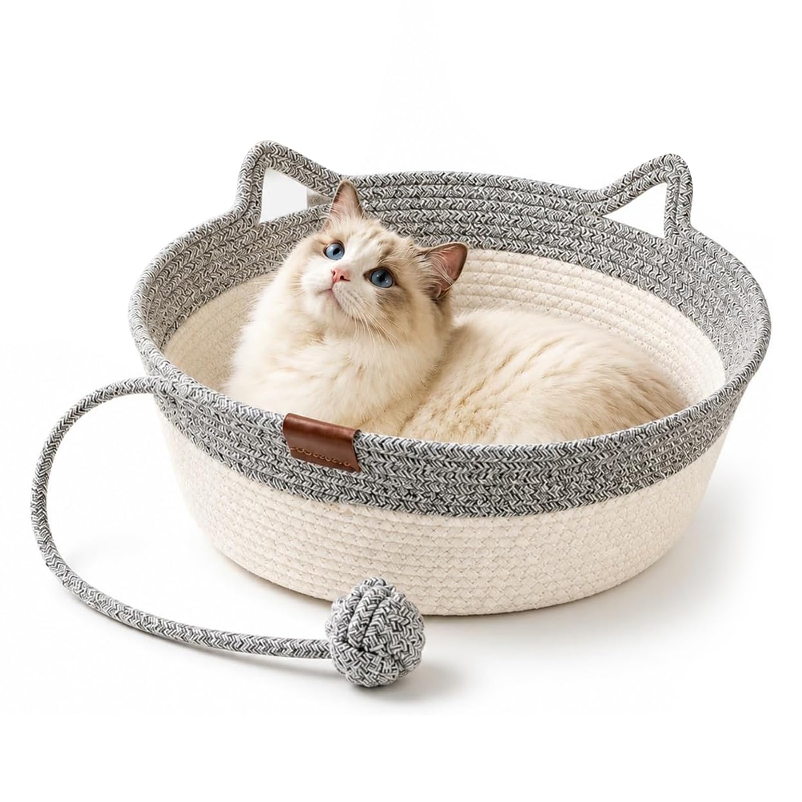 Stimuli Handwoven Cat Basket Instinct Basket for Cats, Scratchable Cat Lounger Basket with Hanging Ball Toy, Cotton Rope Woven Cat Bed Basket for Sleeping, Playing, Pet Bed for Indoor Cats，Gray：M