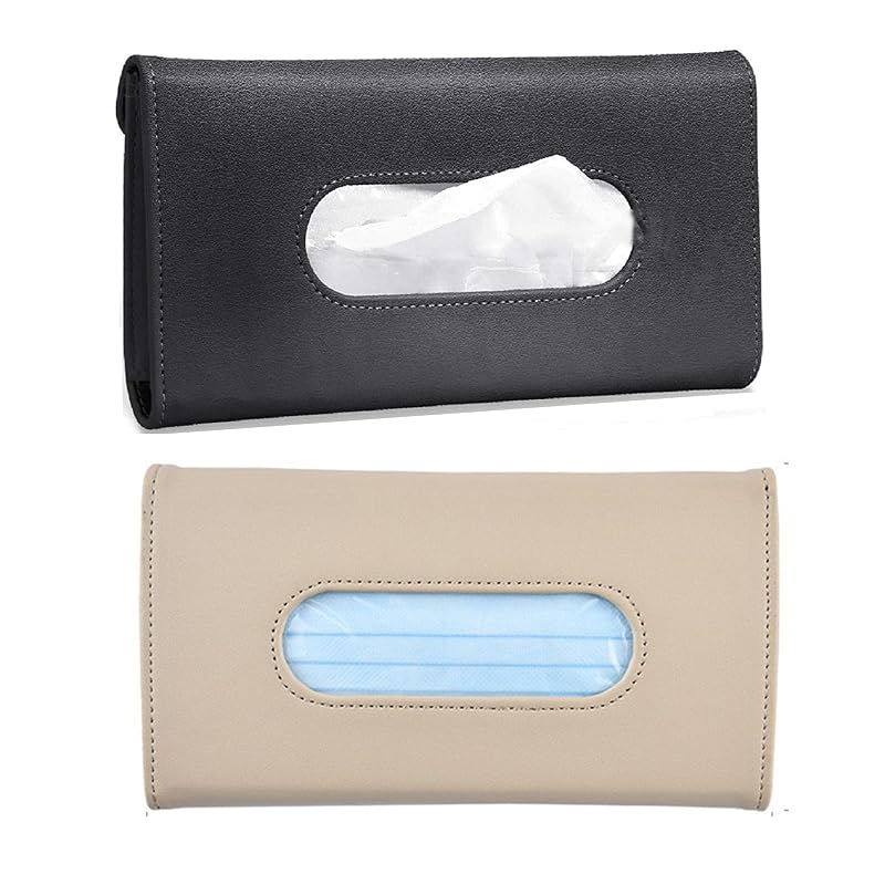 Porta-lenços de Papel para Carro YVPSI com Presilha para Para-sol, Bege e Preto, Kit com 2 unidades