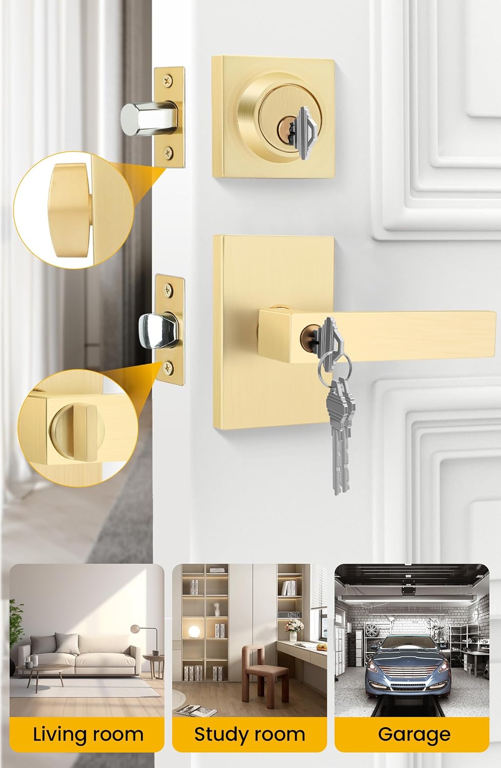Gold Exterior Door Lock Set, Front Door Lock Set with Deadbolt, Square Contemporary Brushed Gold Front Door Lock Sets, Heavy Duty Zinc-alloyed Exterior Door Handle (1 Pack)