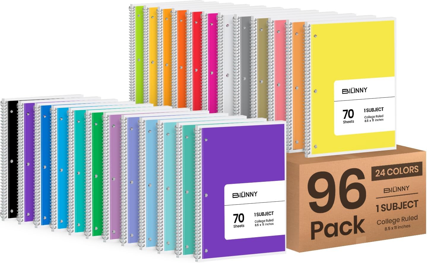 Bilinny - Spiral Notebook 96 Pack of 48 Bright & 48 Pastel Colors, 1 Subject, College Ruled, Notebooks for School - 8 X 10.5 Inch - 70 Sheets (96 Pack)