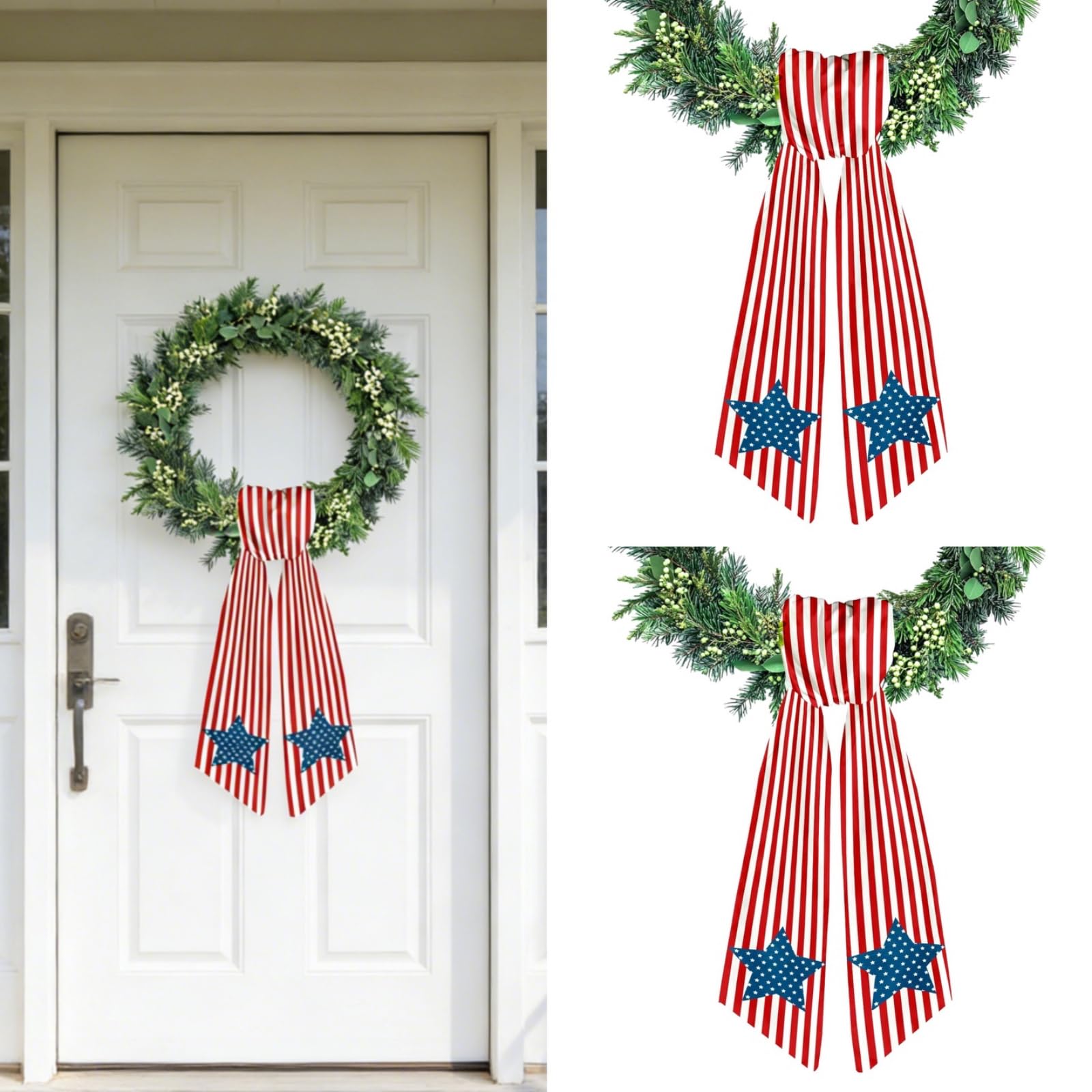 Dream Loom Patriotic Wreath Sash for Front Door, 2pcs Red White Stripe Wreath Satin Sash Star Garland Ribbon Accessories for Wreath Yard Doorway Indoor Outdoor Home Decor