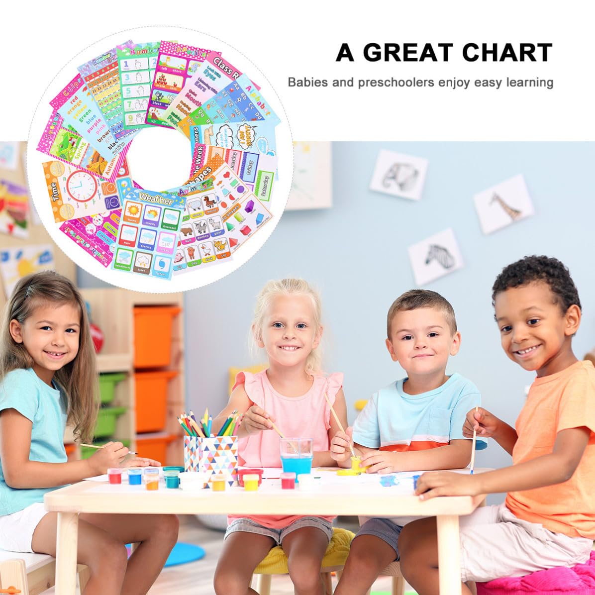 HANABASS Affiche 14pcs Éducative en Papier Synthétique Préscolaire Autocollante Stimule la Créativité des Garçon et Filles en Anglais pour Chambre de ou Crèche