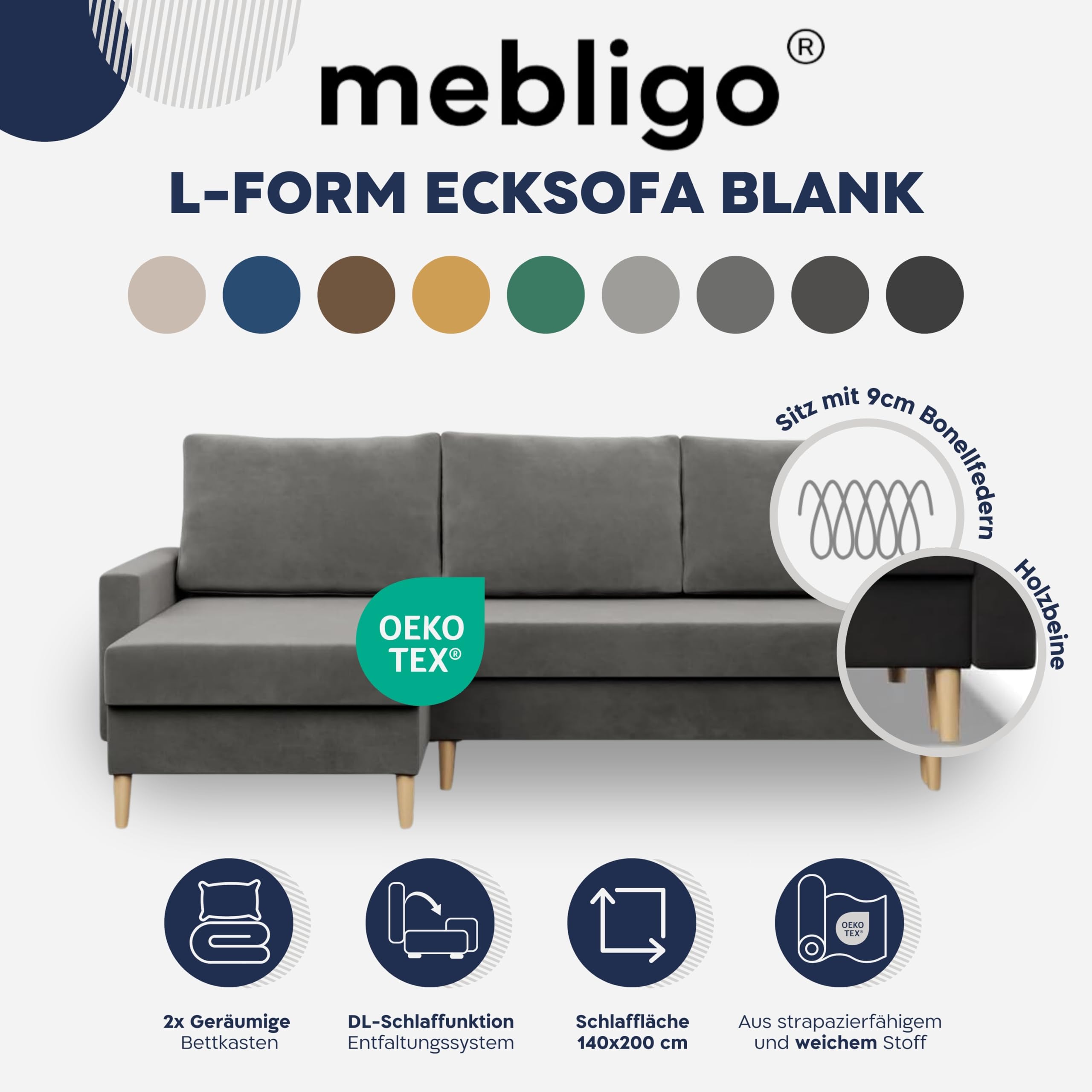 Mebligo - Ecksofa mit Schlaffunktion und Bettkasten Blank, Eckcouch Convertible (Links und Rechts) Sofa L Form 223 x 140 x 92 cm, Couch mit Bonellfedern, Ecke Sofa Wohnzimmer, Schlafsofa - Gelb