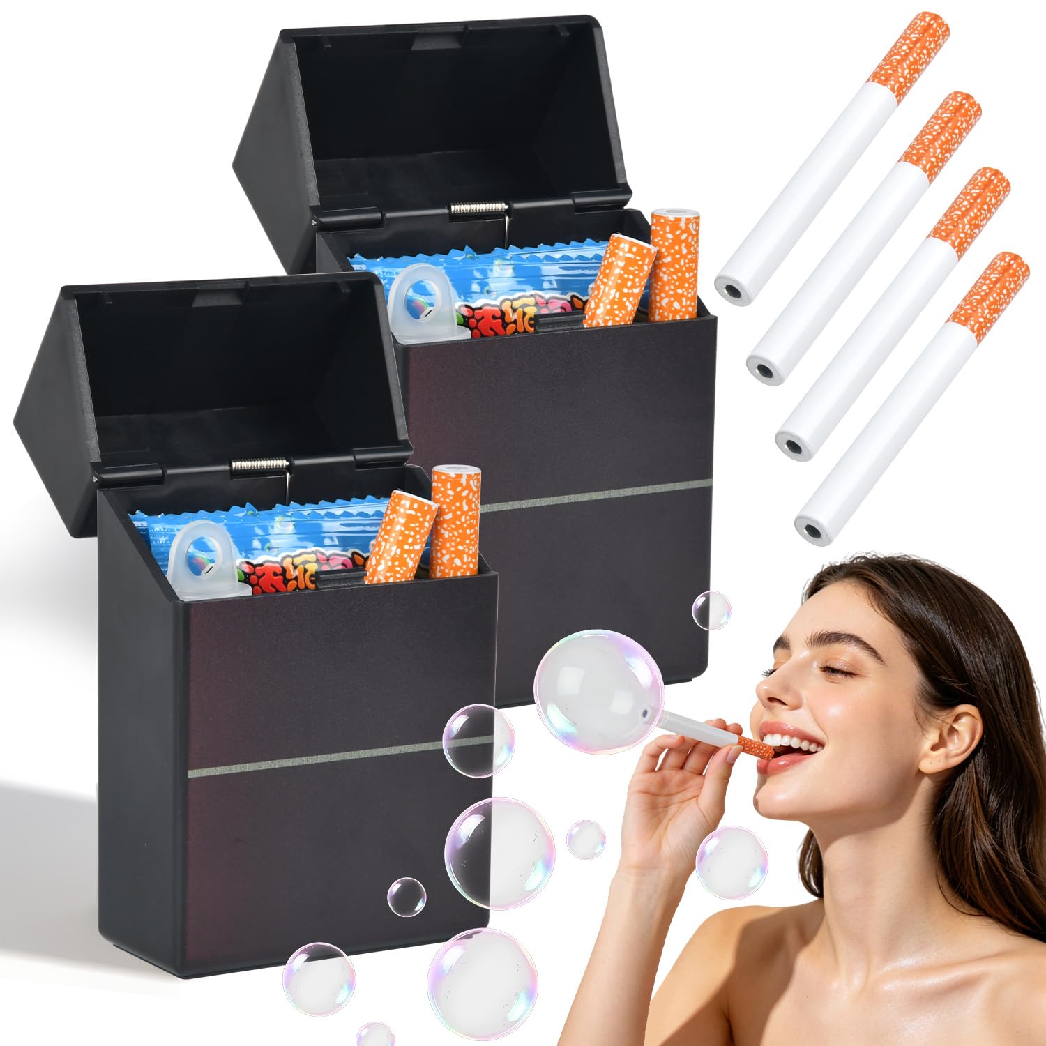 2Pcs Bubble-Cigarettes Blower Stress Toys, Bubble Machine for Kids Adults, Fake Realistic Mini Bubbles Wand with Bubble Solution, Party Bag Fillers Outdoor Garden Toys
