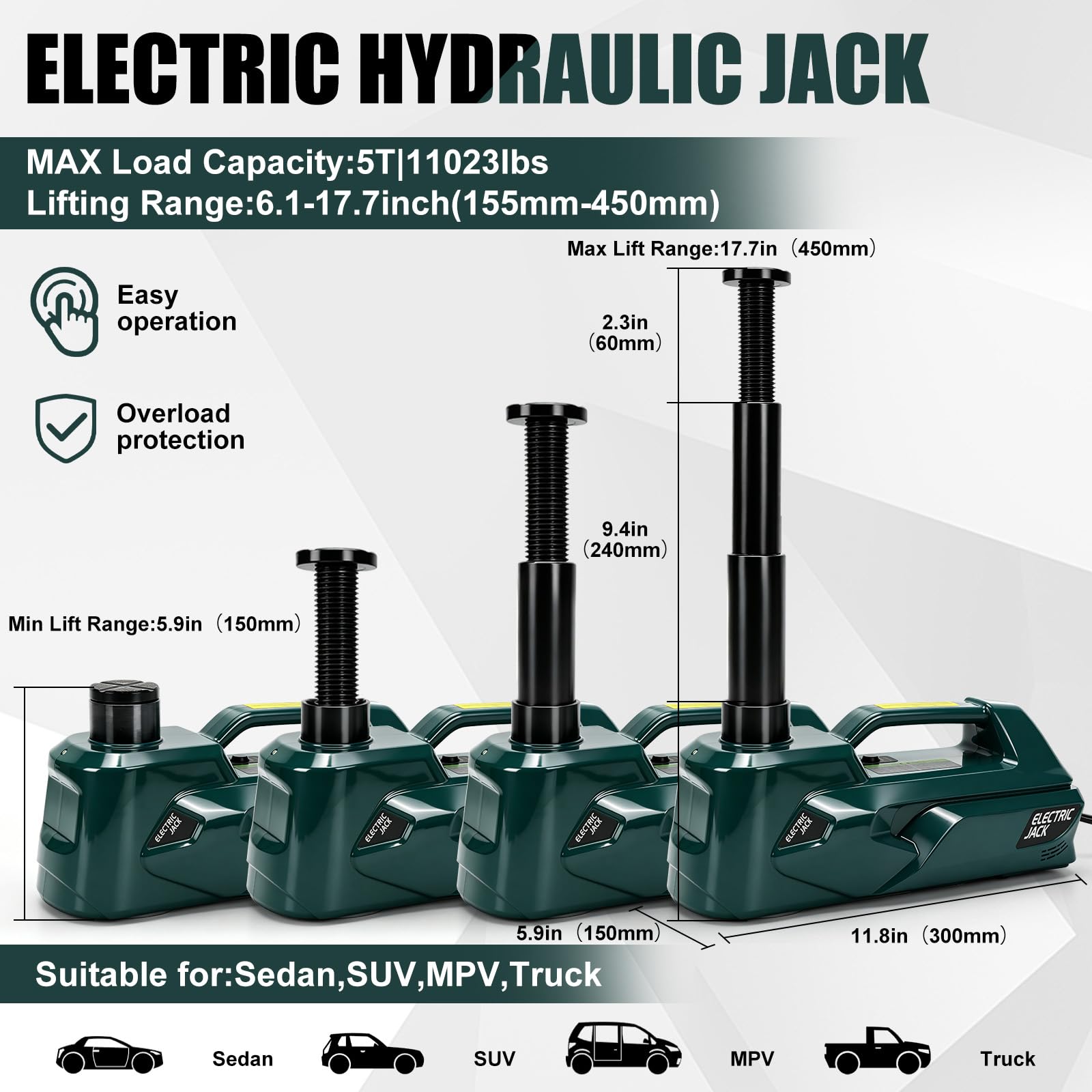 Martinetto Elettrico 5T Compatibile con Makita 18V, Cric Idraulico con Illuminazione LED, per SUV, Auto e Camion, Altezza di Sollevamento 15,5-45 cm (Senza Batteria e Caricatore)