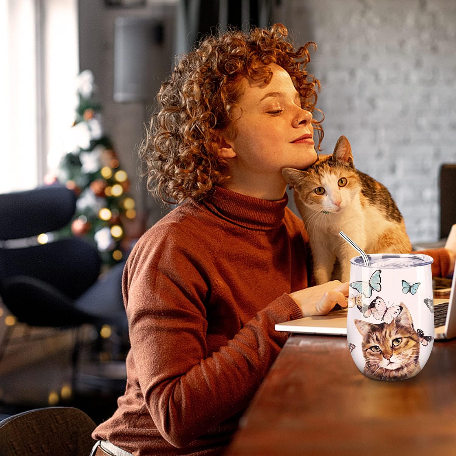 NymphFable 12oz Cat Cup Wine Tumbler With Straw And Lid Insulated Stemless Wine Glass Stainless Steel Double Wall - Image 5