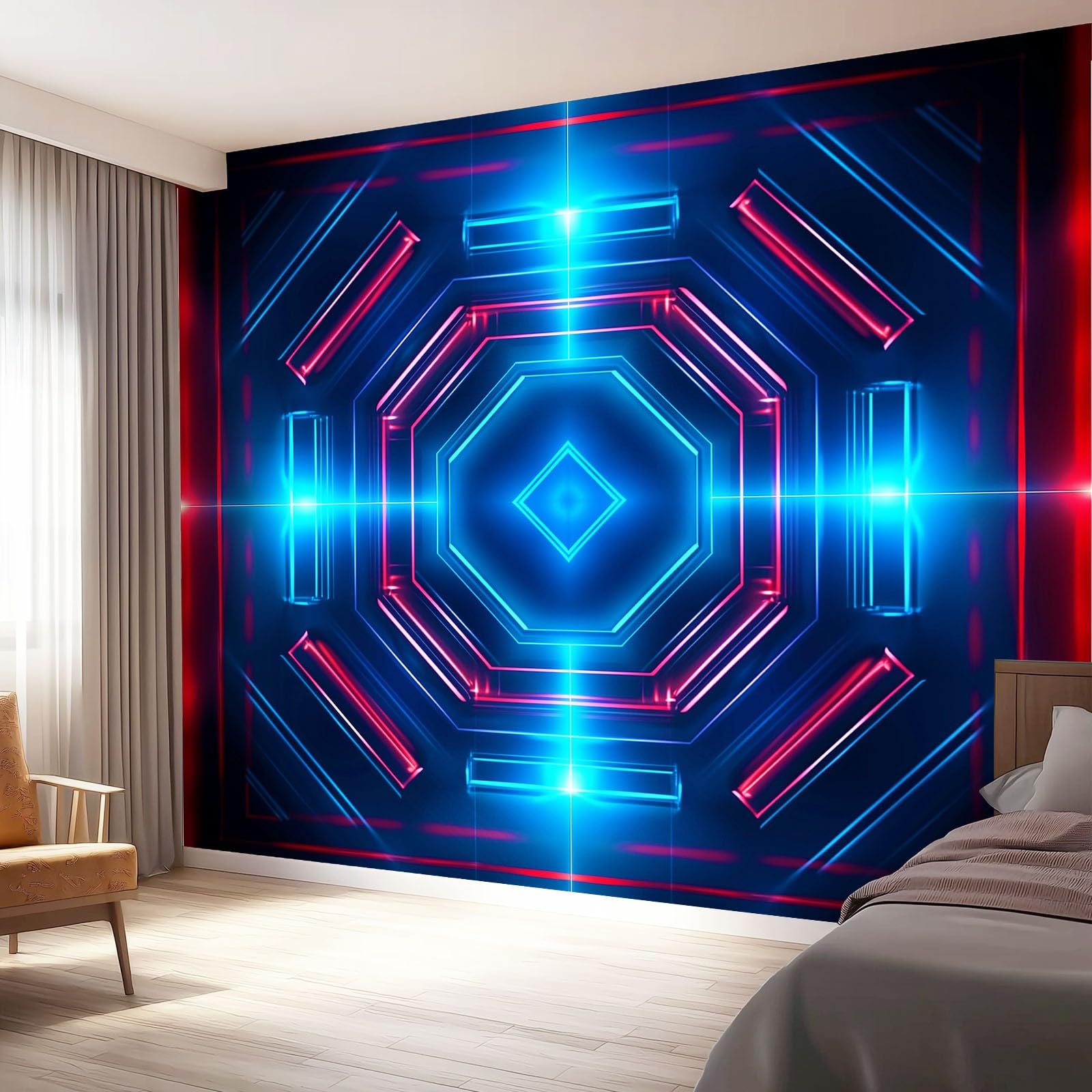 Tapeta 3D włóknina abstrakcyjna siatka technologiczna 350 x 256 cm tapeta dekoracja ścienna do salonu sypialni niebieski czerwony