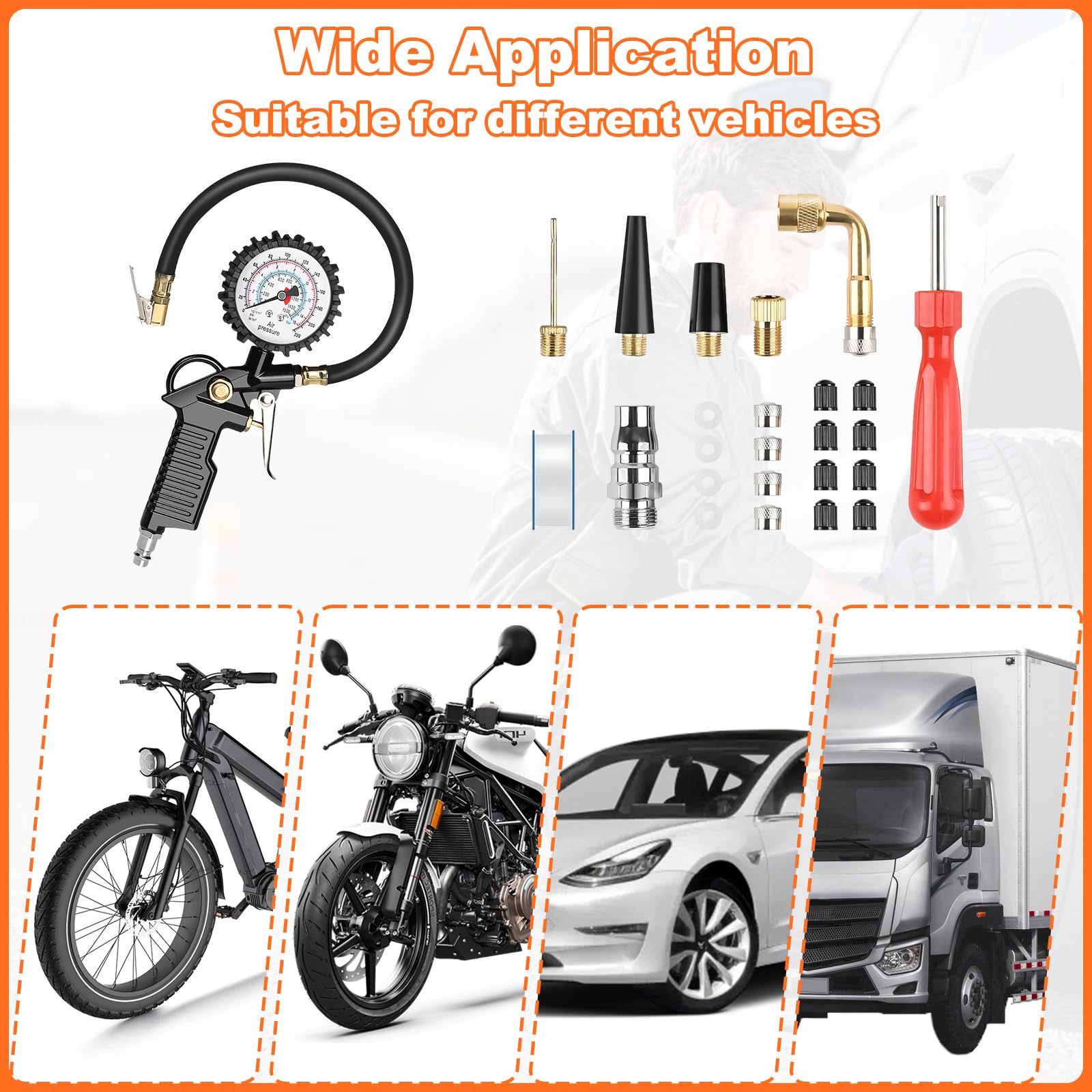 220 PSI Manómetro Neumáticos, Medidor Presión Digital Alta Precisión, Pistola Inflado con Manguera & 4 Tapones Válvula, Accesorios Compresor para Coche, Bicicleta, Camión, Motocicleta