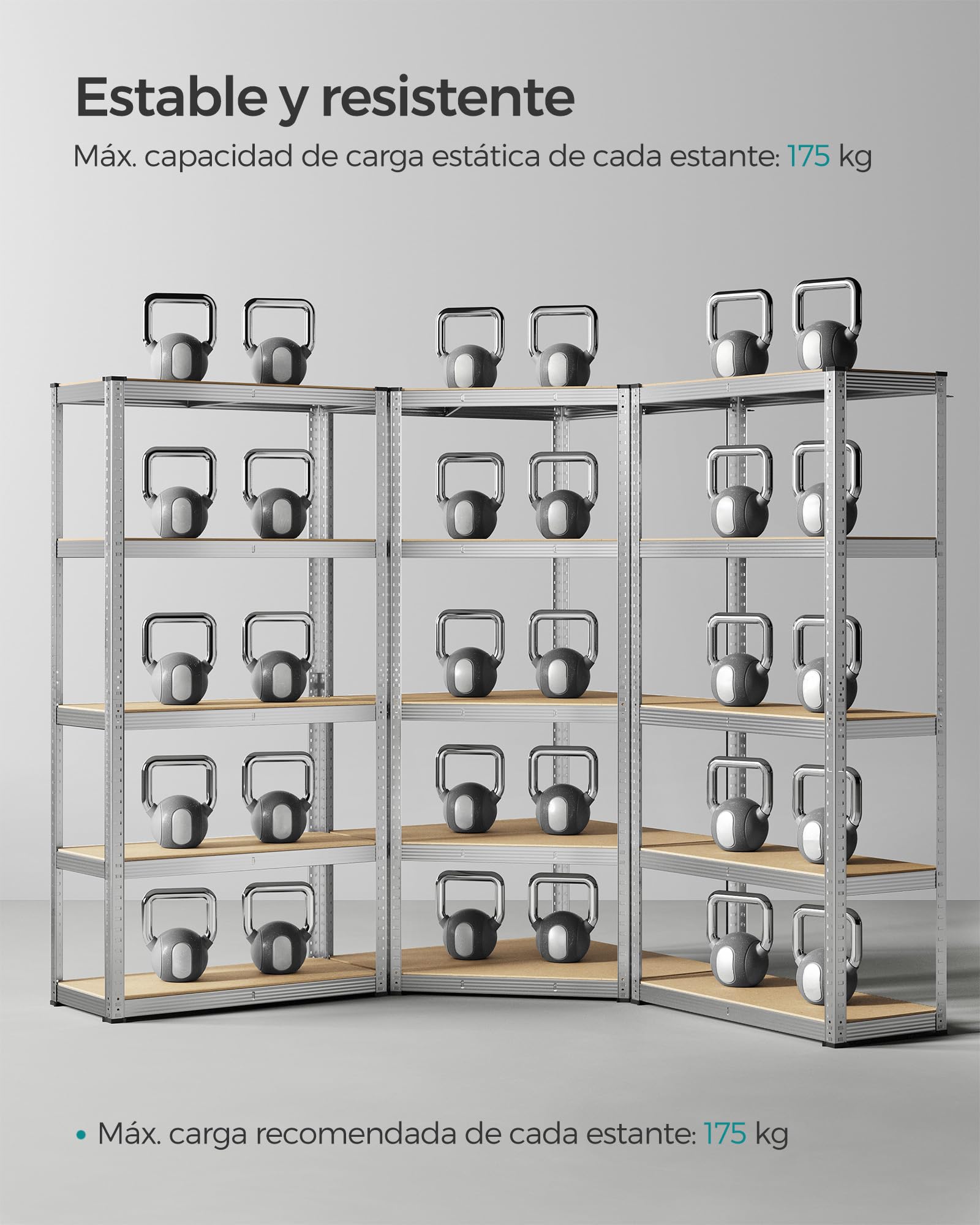 SONGMICS Juego de Estantería Esquinera de 5 Niveless, Estantería de Esquinera de Acero de Alta Resistencia, para Garaje, Almacén, Bodega, Carga de 2625 kg, Plata Pálido y Beige Natural GLR070E03