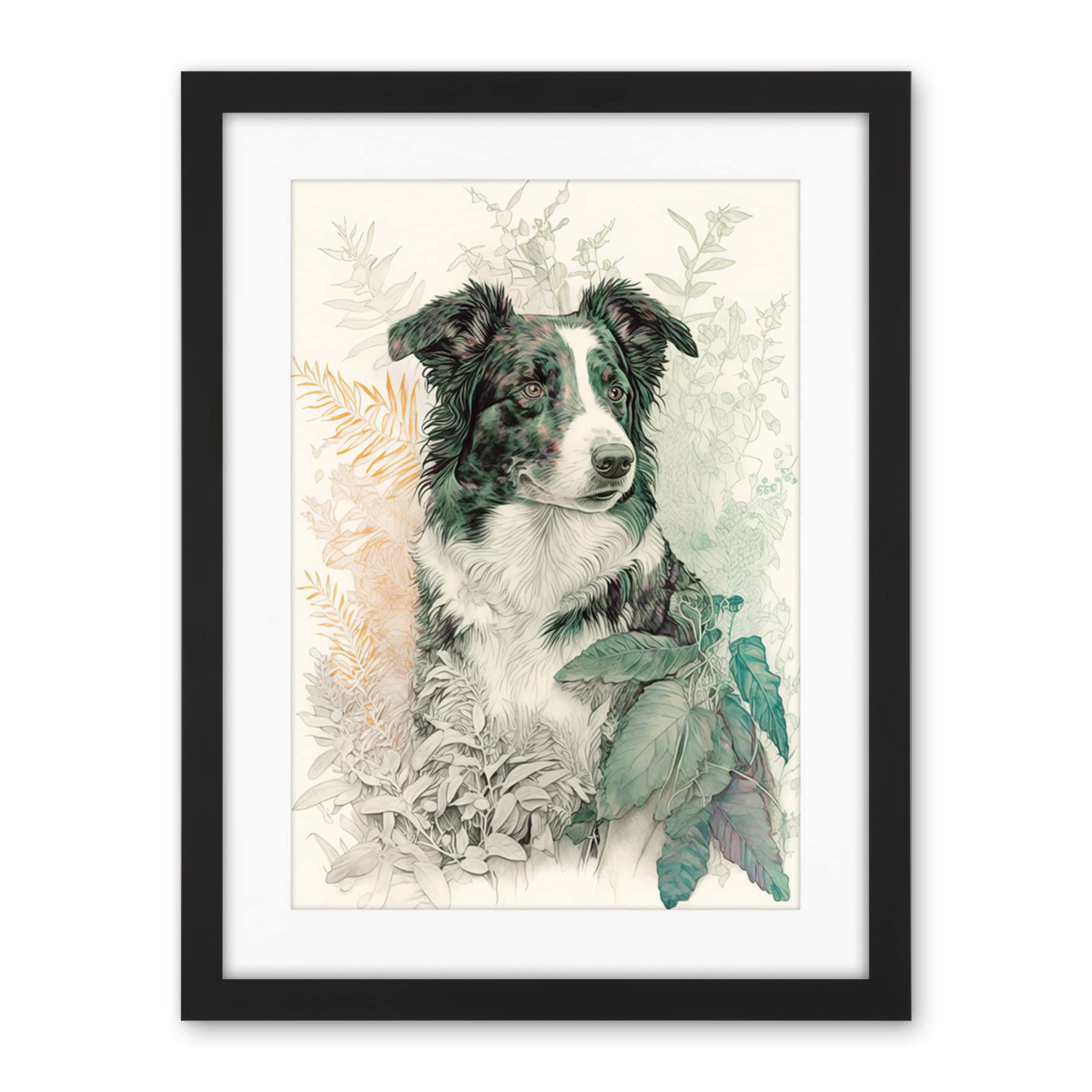 Artery8 Border Collie Dog in Field Modern Colour Pencil Portrait Illustration Artwork Framed Wall Art Print 18X24 Inch
