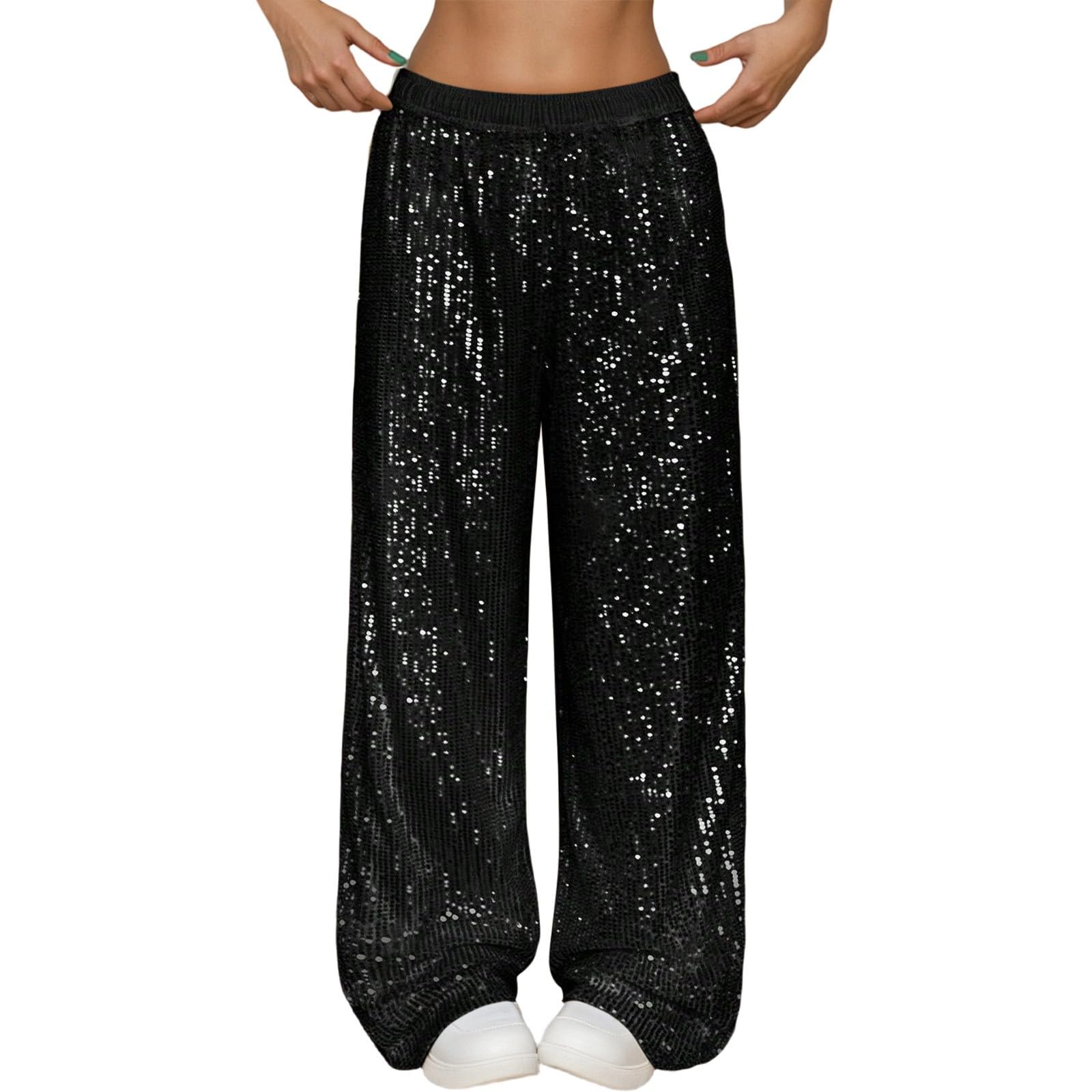 Generisch Pailettenhose Damen Elegant Einfarbig Lange Glitzer Hose Silvester Outfit Pailletten Karneval Kostüm Pailletten Hose Weites Bein Freizeithose Elastischem Bund Schlaghose