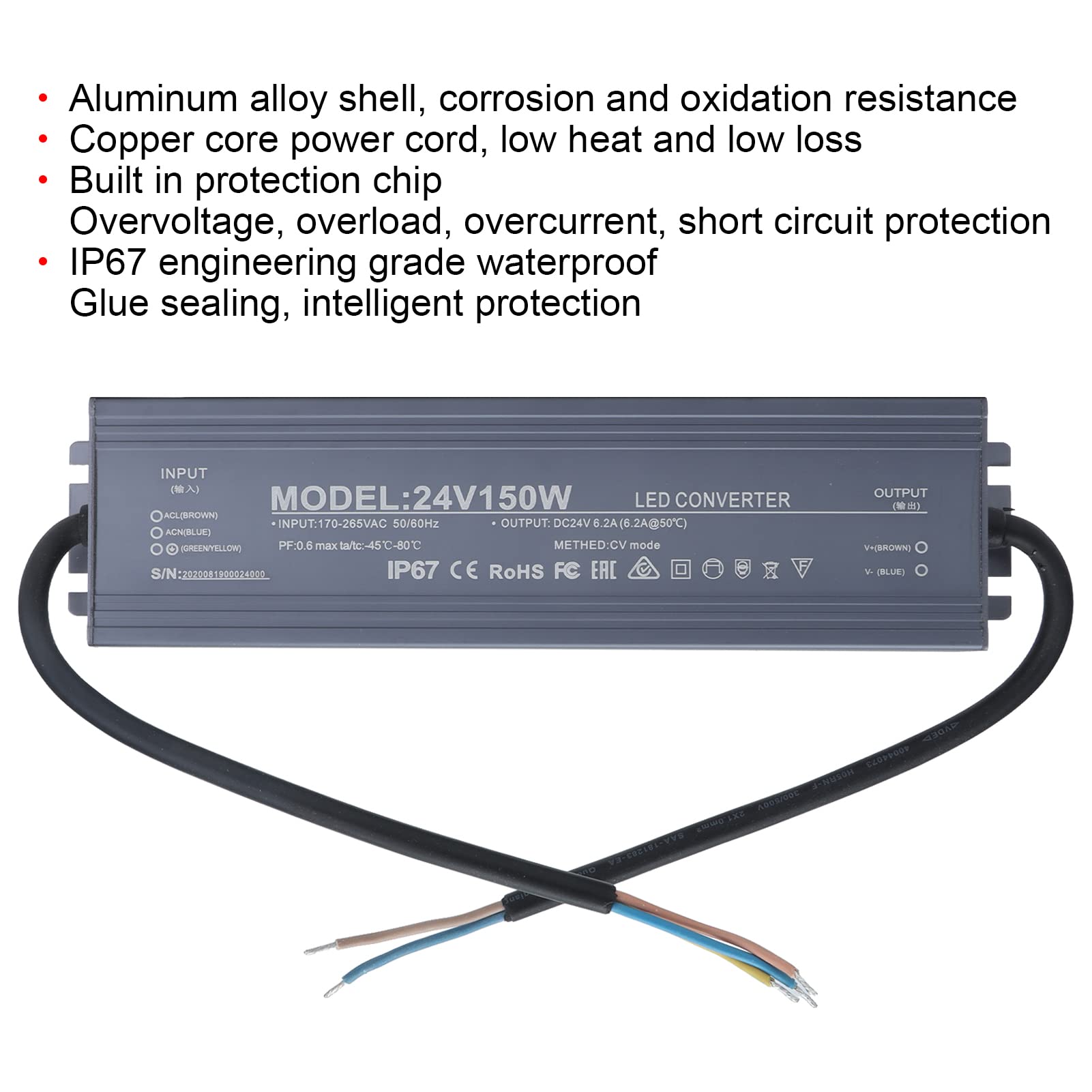 Fuente de Alimentación Impermeable IP67 150W, Transformador LED Aleación