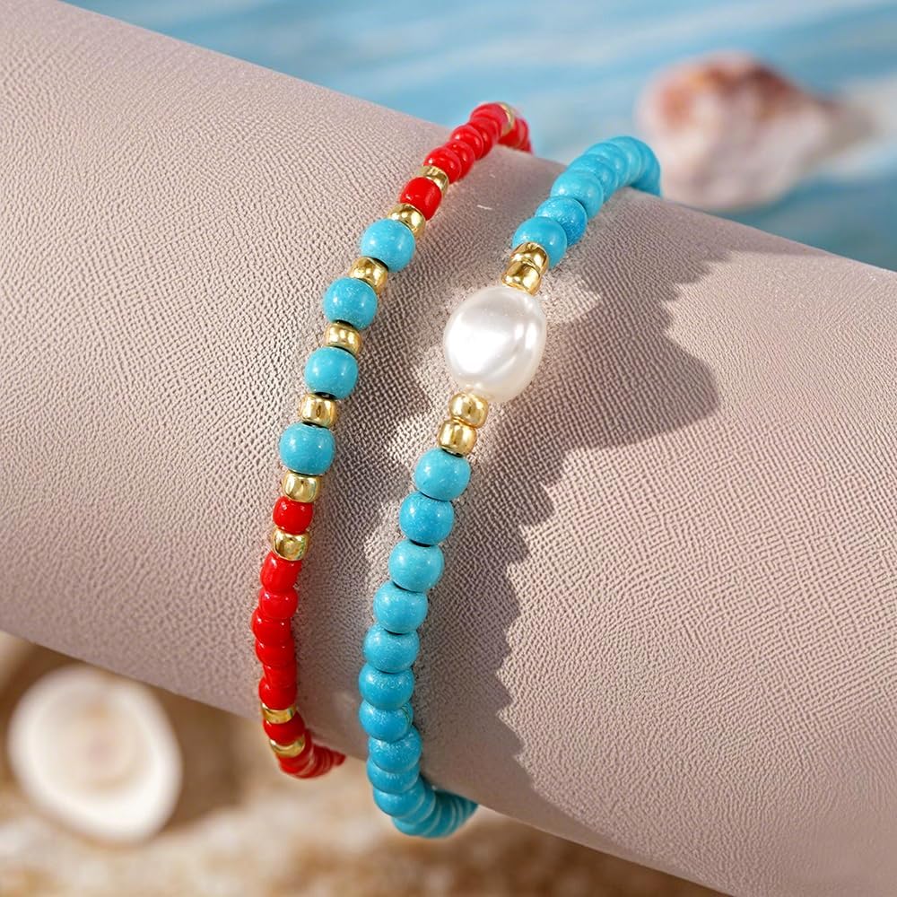 Turquoise Red Round Beaded Bracelet Set for Women,Pearl Charm Gemstone Bangles Boho Stretch Jewelry Gifts - Image 4