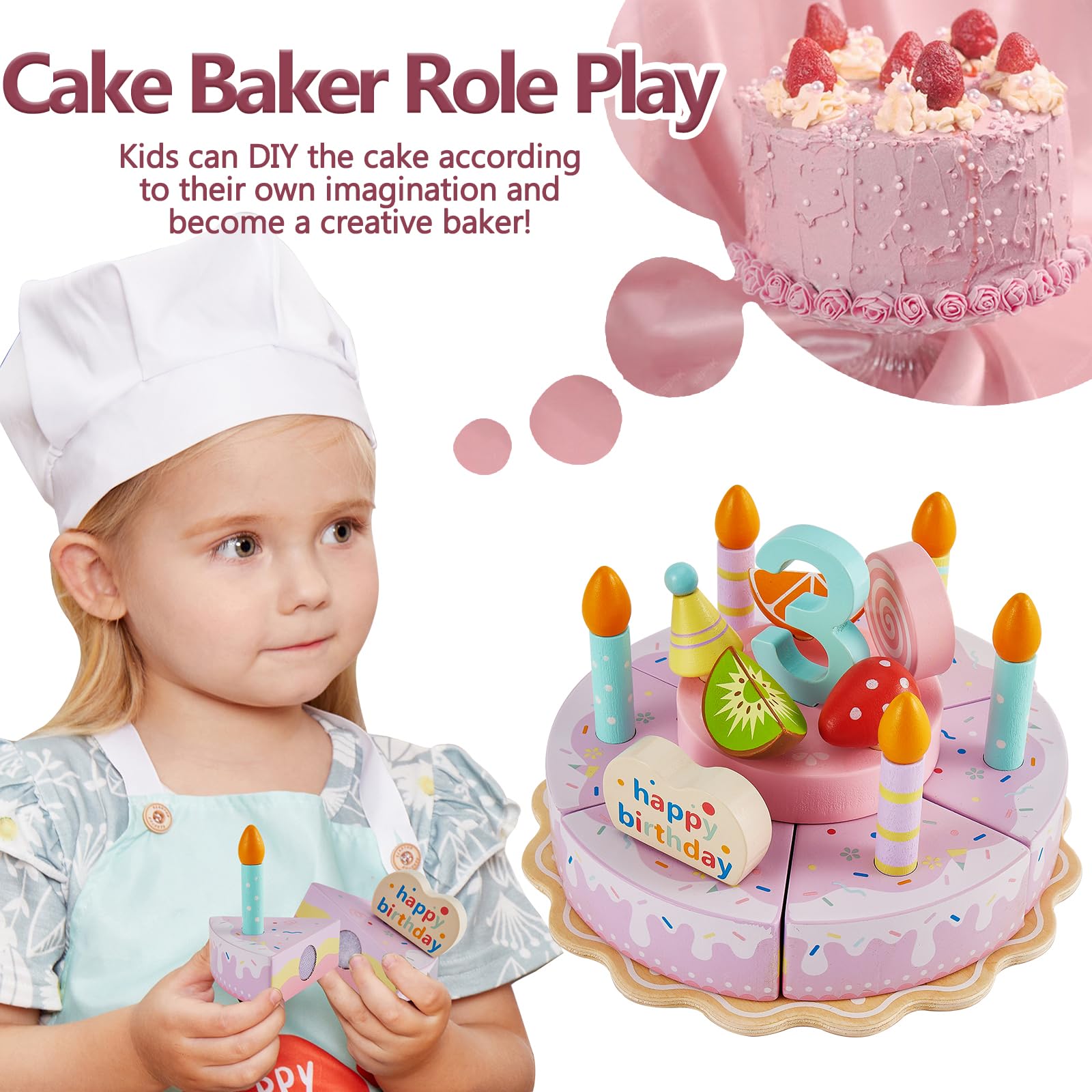 HERSITY Gateau Anniversaire en Bois Jouet Couper Boulangerie Enfant 3 Ans+ | Nourriture Découper, Accessoire Cuisine Dinette Jeux Enfant, Jouet Aliment Bois Cadeau pour Garçon Fille Enfant