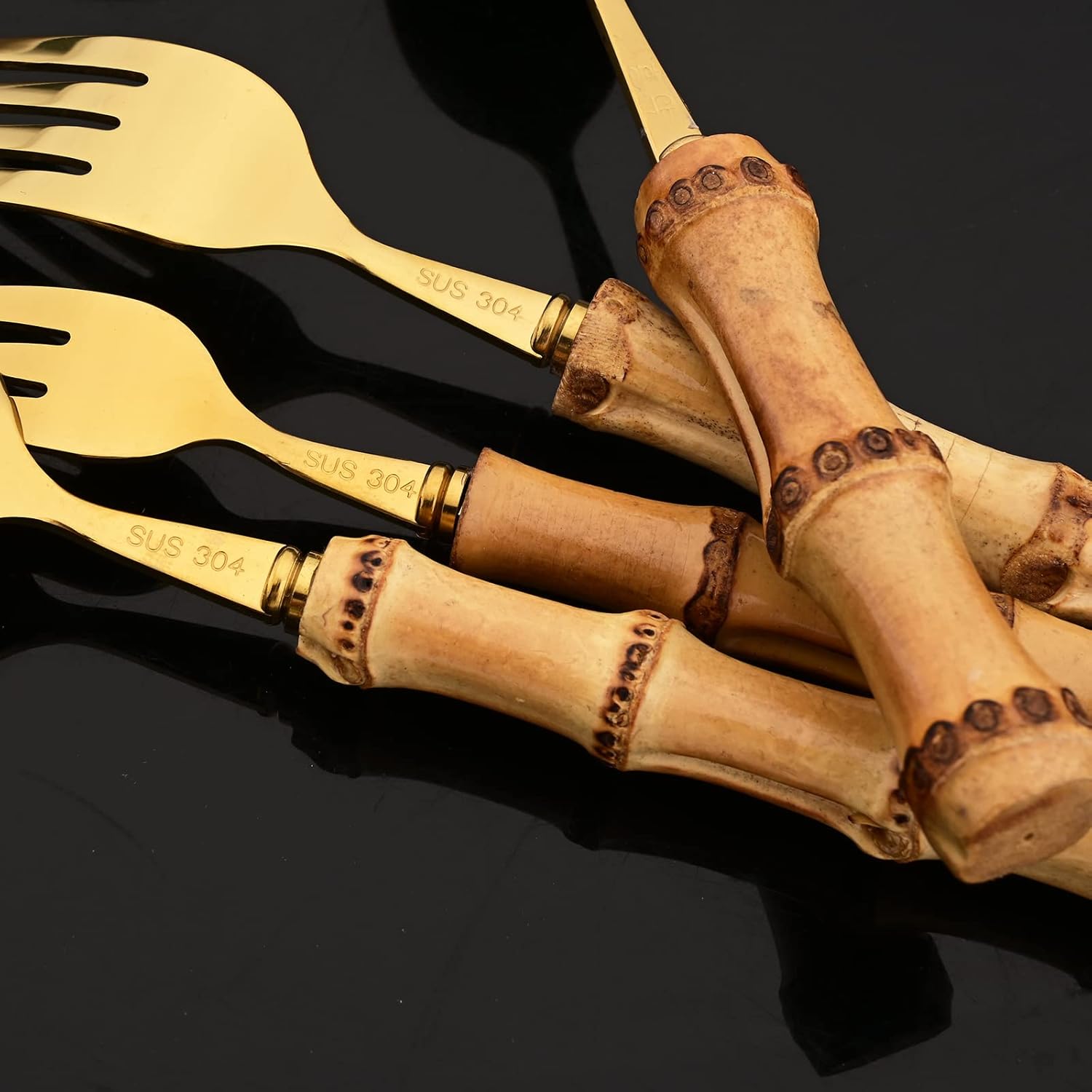 JASHII 304 Stainless Steel Gold Flatware Set, 16pcs Bamboo Handle Silverware Set, Service for 2, with 1 Serving Spoons and 1 Serving Forks. Mirror Polished, Dishwasher Safe