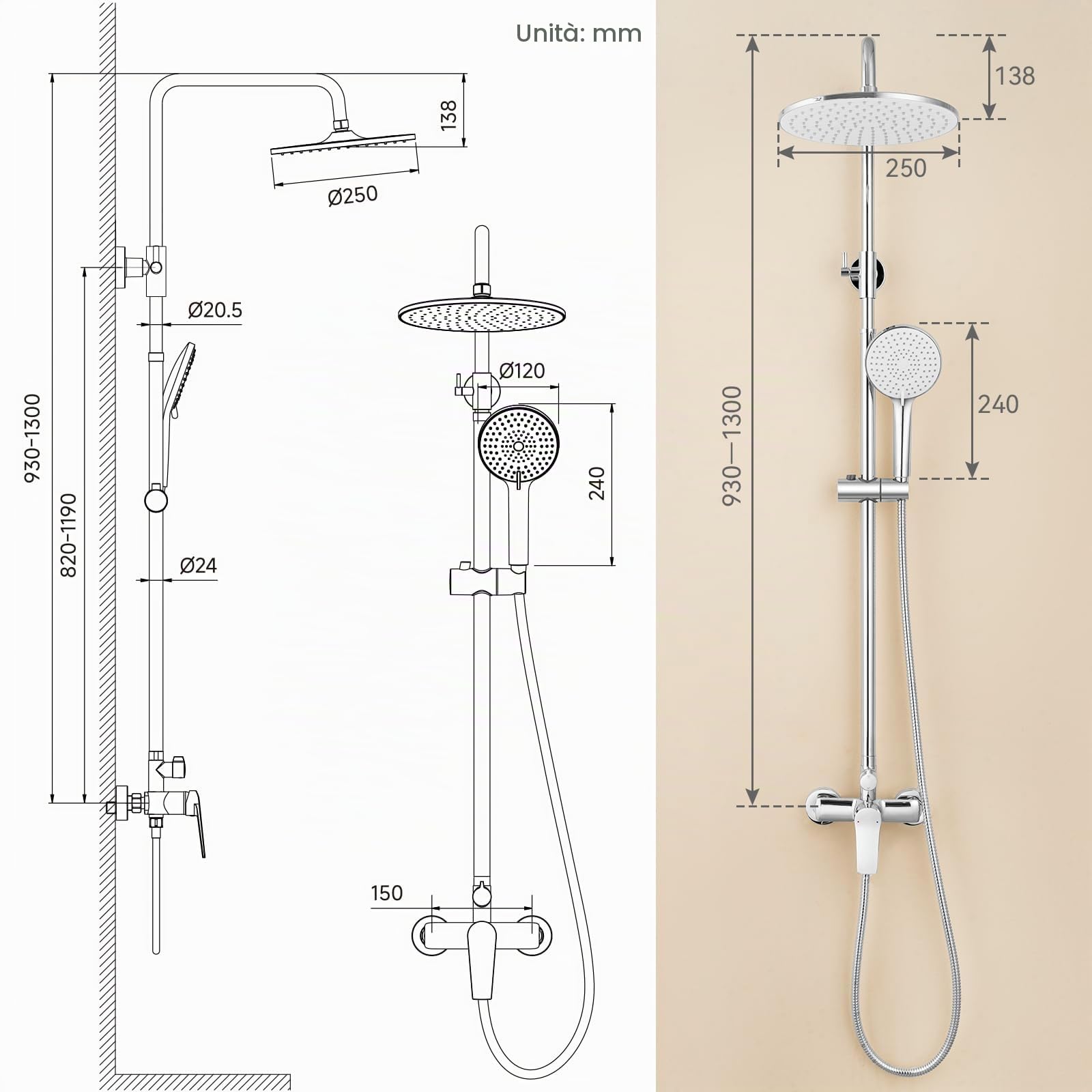Auralum Colonna Doccia con Miscelatore, Saliscendi Doccia con Soffione e Doccetta Altezza Regolabile, Asta Kit Doccia Acciaio Inox, Cromo