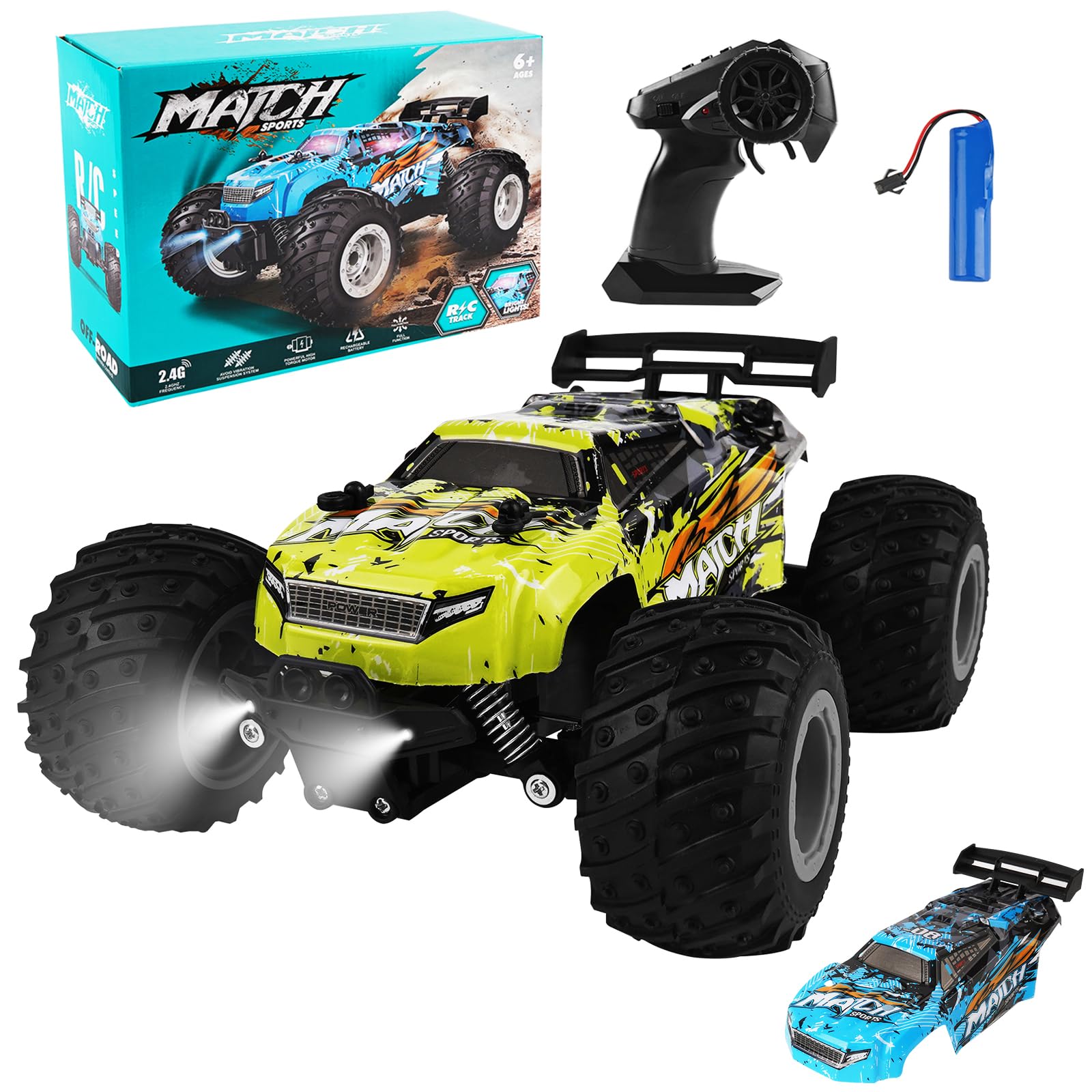 Coche Teledirigido, Coche de Juguete de Carreras de Alta Velocidad con Luces LED, 20 km/h 2.4Ghz, Escala 1:16, baterías Recargable, All Terrain Stunt Juguete para niños de 5 6 7 8 9 10 11 12 año