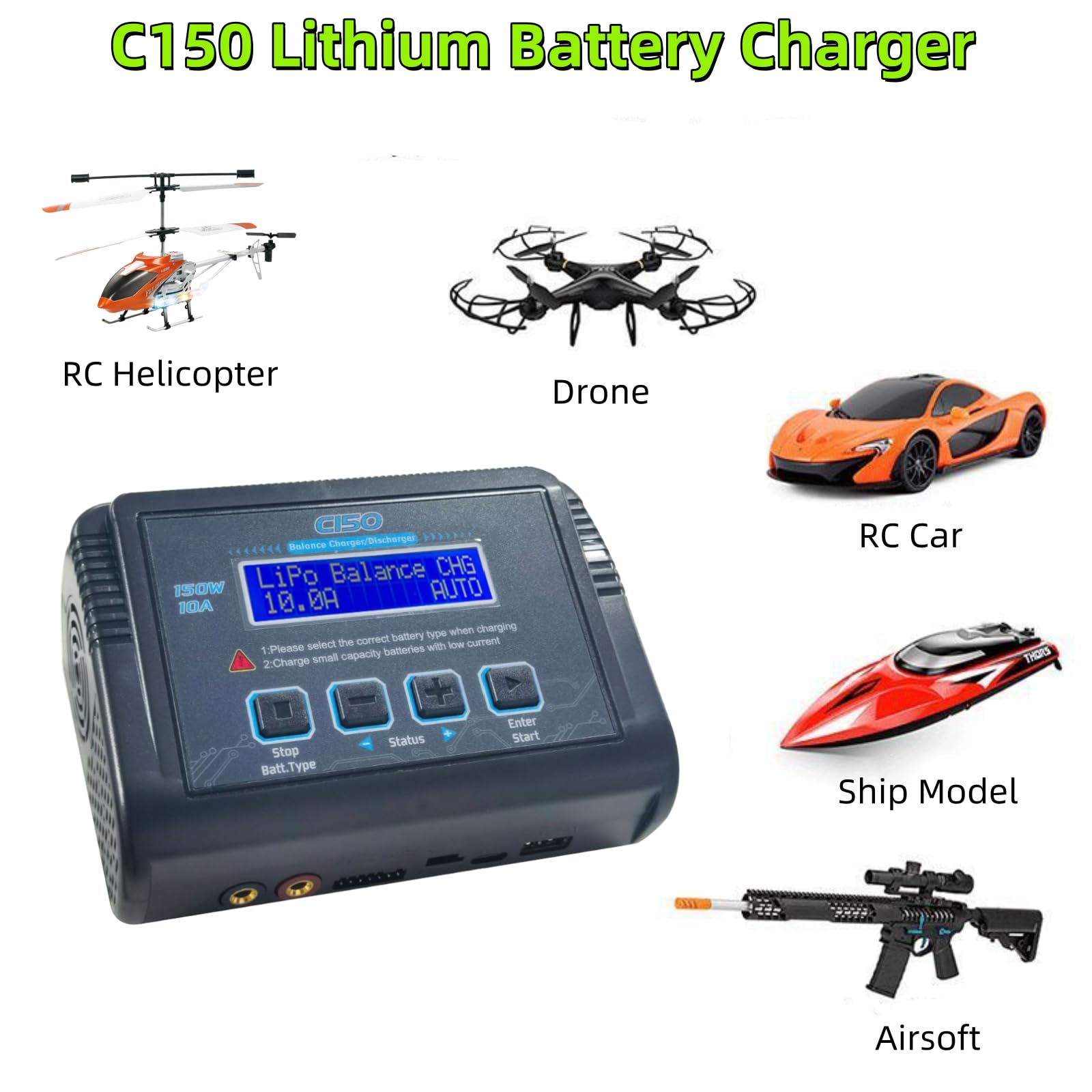 Ładowarka C150 150 W 10 A, inteligentna, rozładowująca, ładowarka RC do akumulatorów LiPo Li-ion LiFe LiHV NiMH NiCd PB, ze sterowaniem za pomocą ekranu LCD, wieloma interfejsami i portem USB