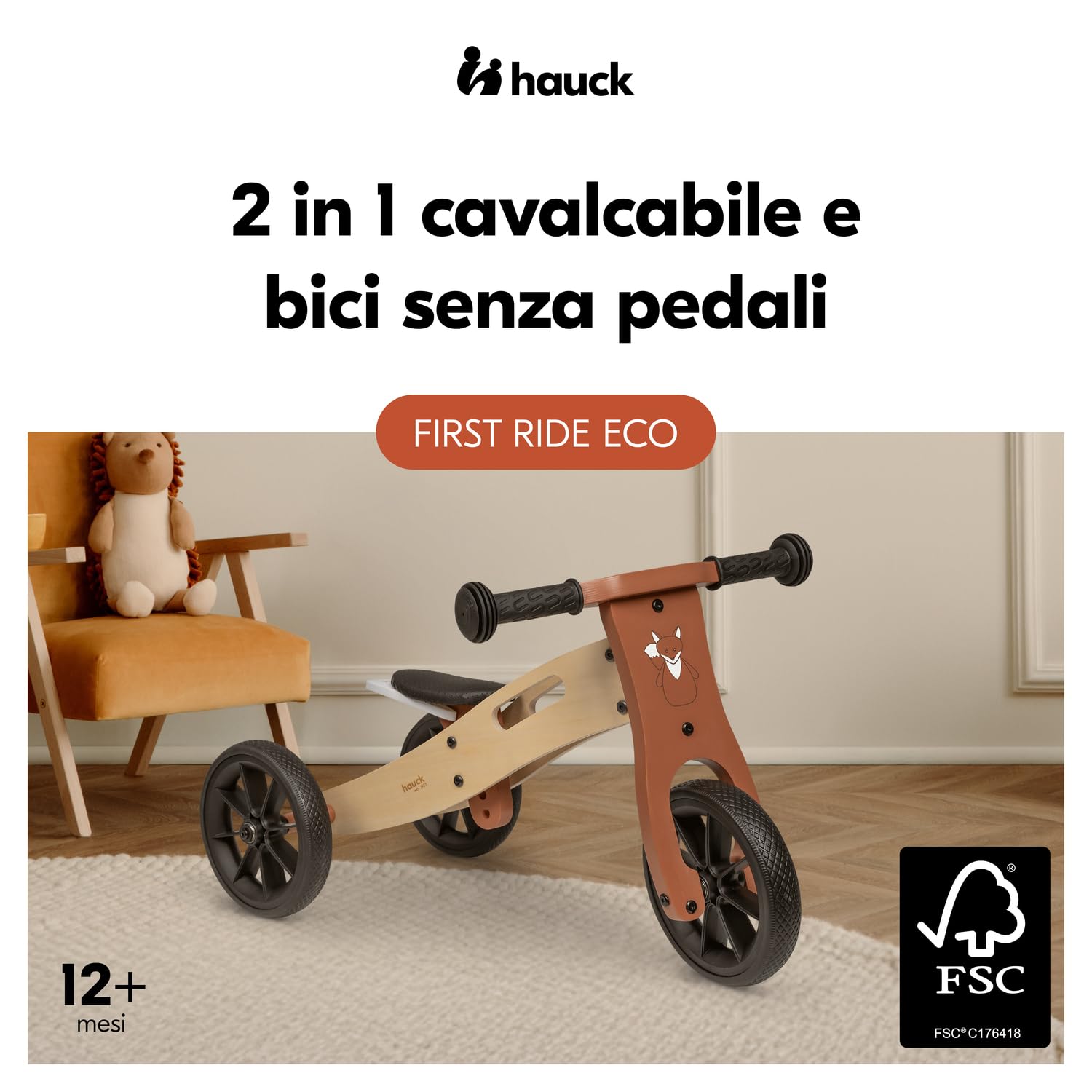 hauck First Ride Eco, Volpe - Triciclo e Bicicletta Senza Pedali Evolutivo in Legno per Bambini da 1 Anno Fino a 20 kg, Ruote 7,5 Pollici, Sella Regolabile in Altezza, con Manico di Trasporto