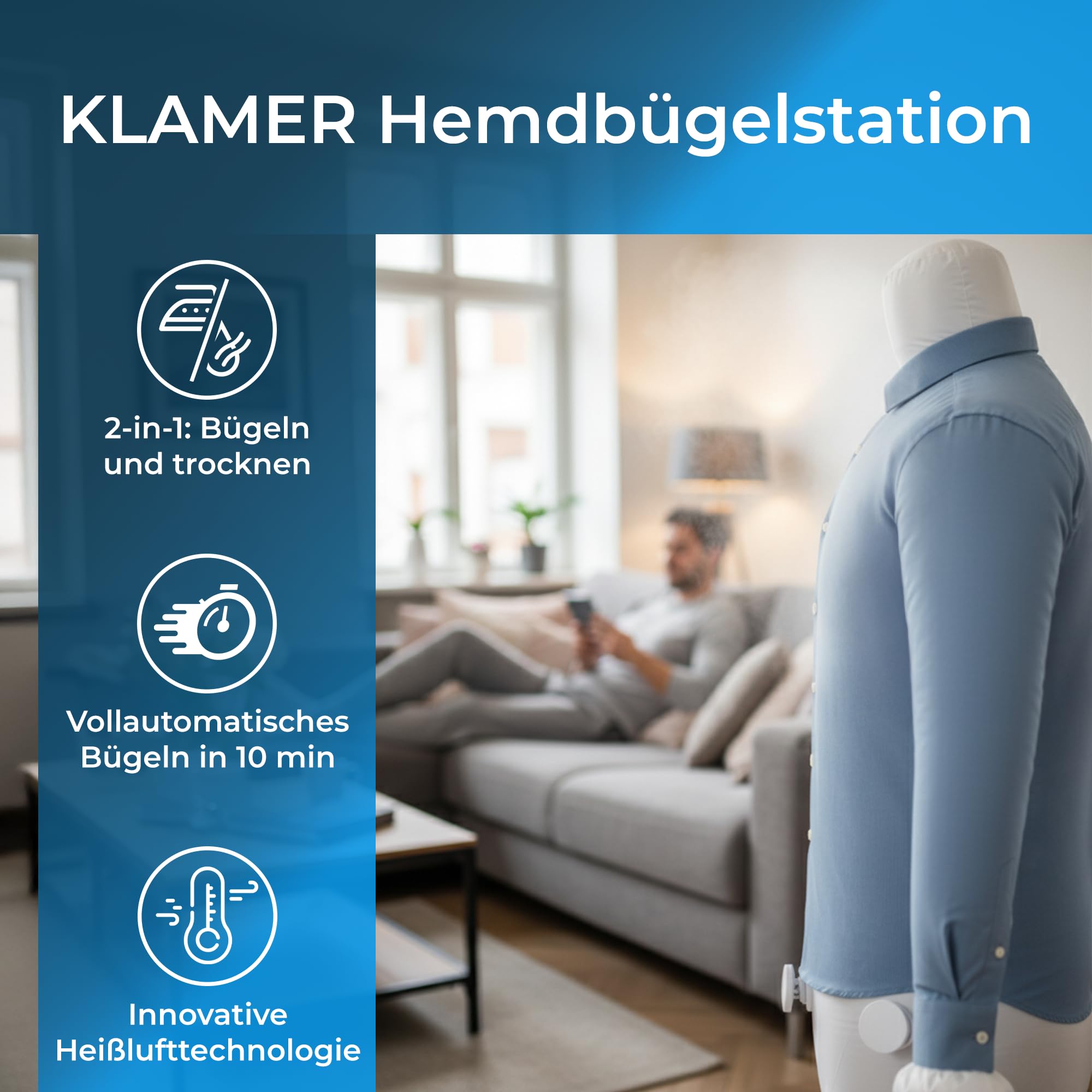 KLAMER Hemdenbügler Pro 1400W Bügelpuppe mit Aufsätzen für Hemden, Hosen & Schuhe – Automatischer Hemdglätter, Hosenbügler & Schuhtrockner für faltenfreie, trockene Kleidung ohne Bügeln
