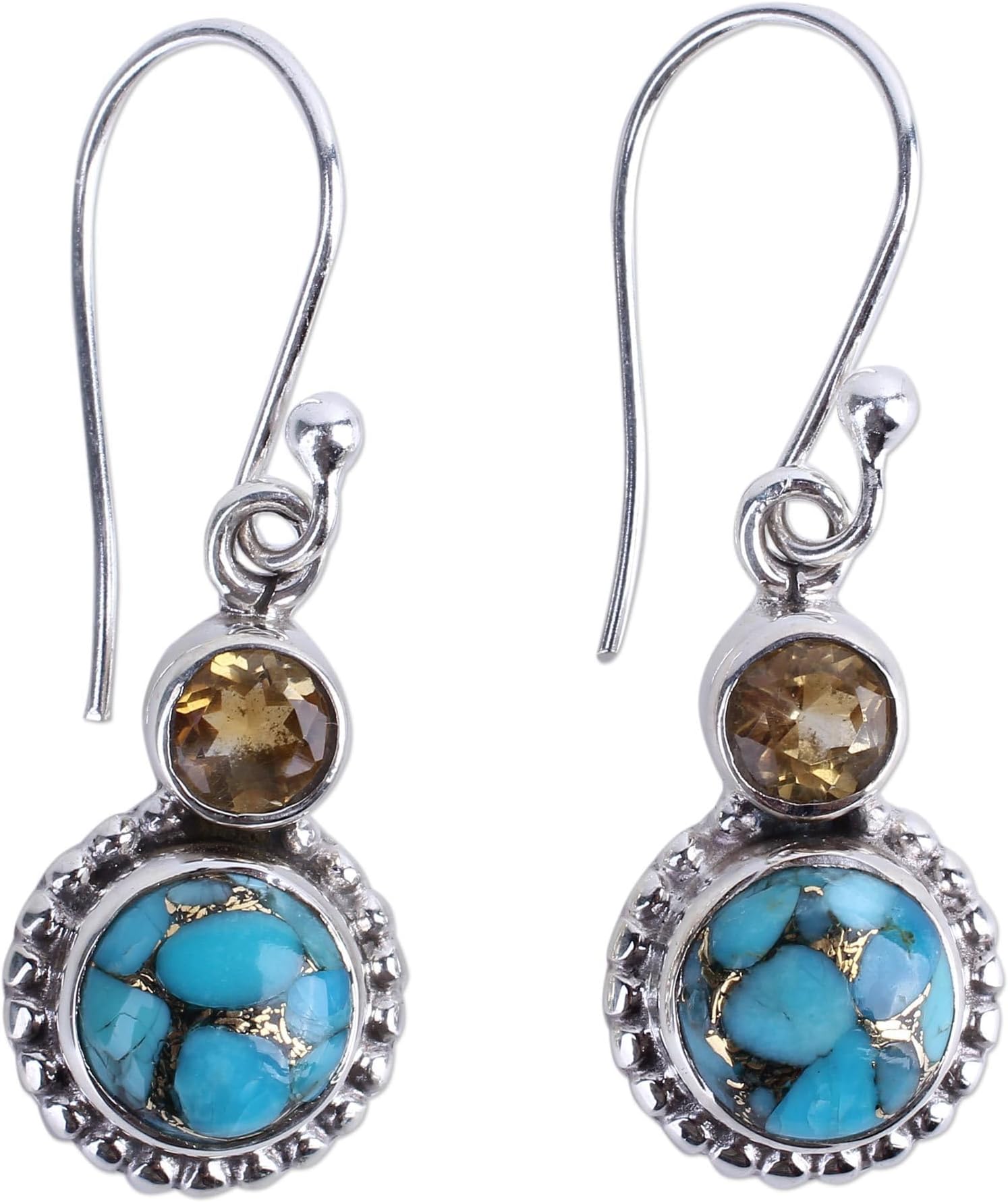 Artisan Handmade Citrine Dangle Earrings Composite Turquoise Sterling Silver Reconstituted Blue India Birthstone Bohemian Sun [1.3 in L x 0.4 in W x 0.2 in D] ' Earth and Sun'